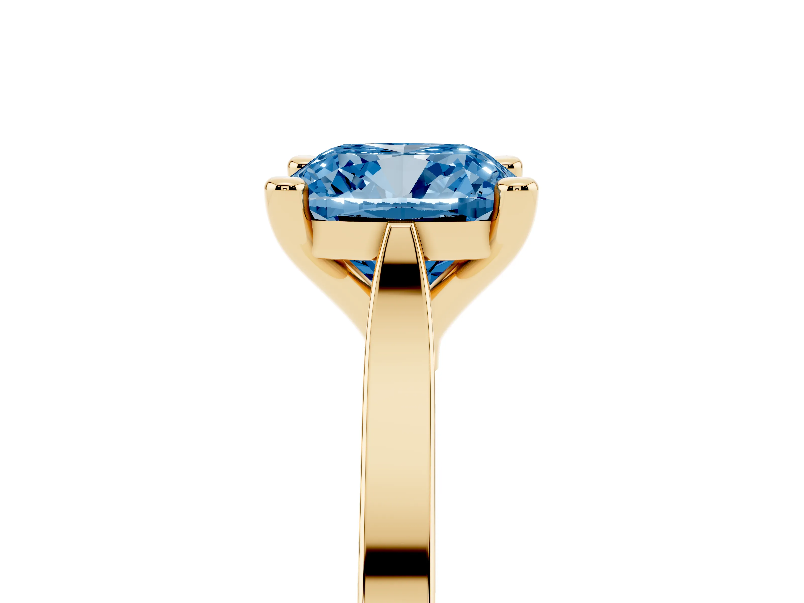 Fancy Blue Cushion Cut Diamond Solitaire Ring Set in Yellow gold with Prong Setting and Tapered Band