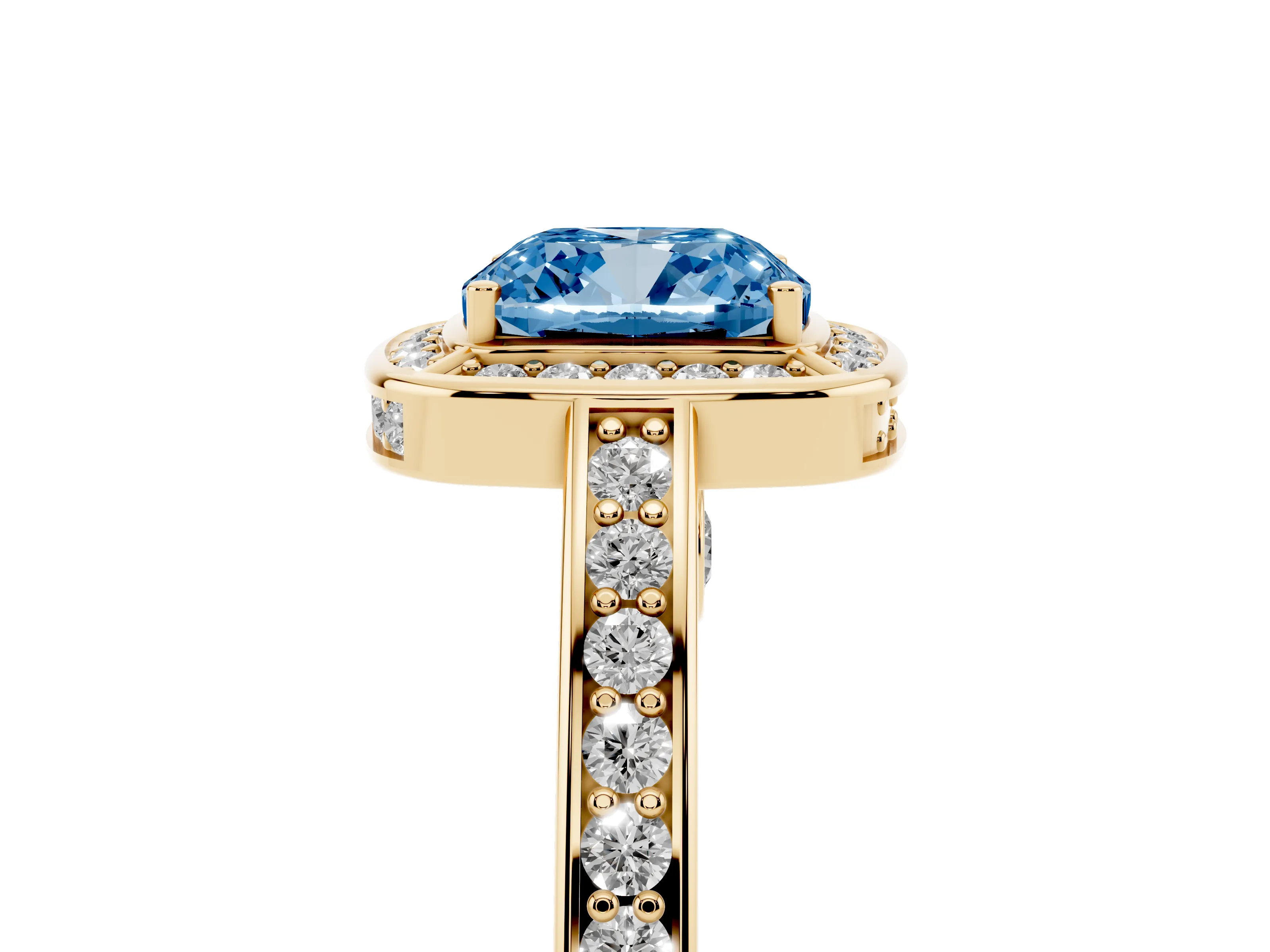 Fancy Blue Cushion Cut Diamond Halo Pavé Split Shank Ring Set in Yellow gold with Prong Setting