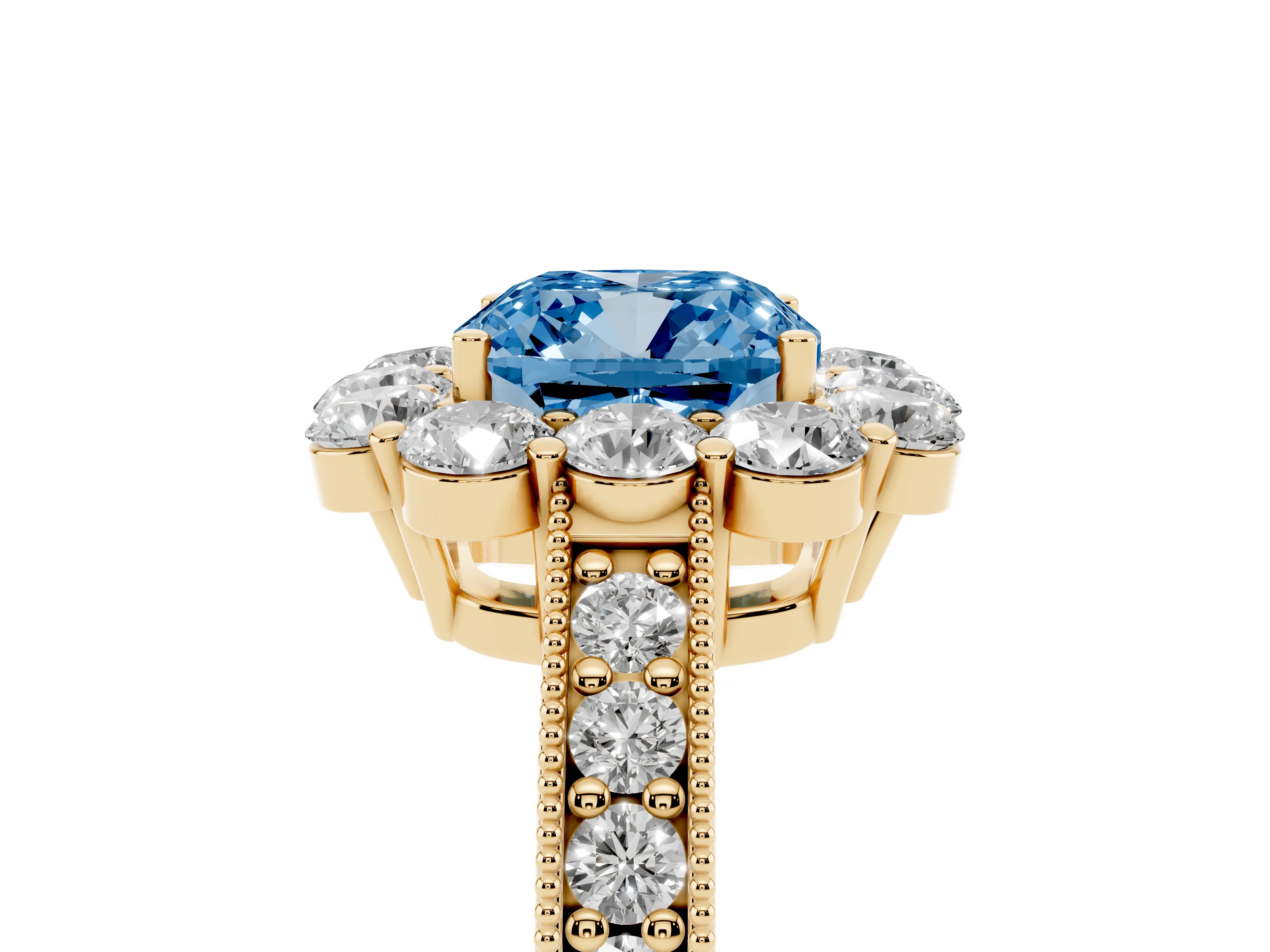 Fancy Blue Cushion Cut Diamond Halo Pavé Engagement Ring Set in Yellow gold with Milgrain Detailing