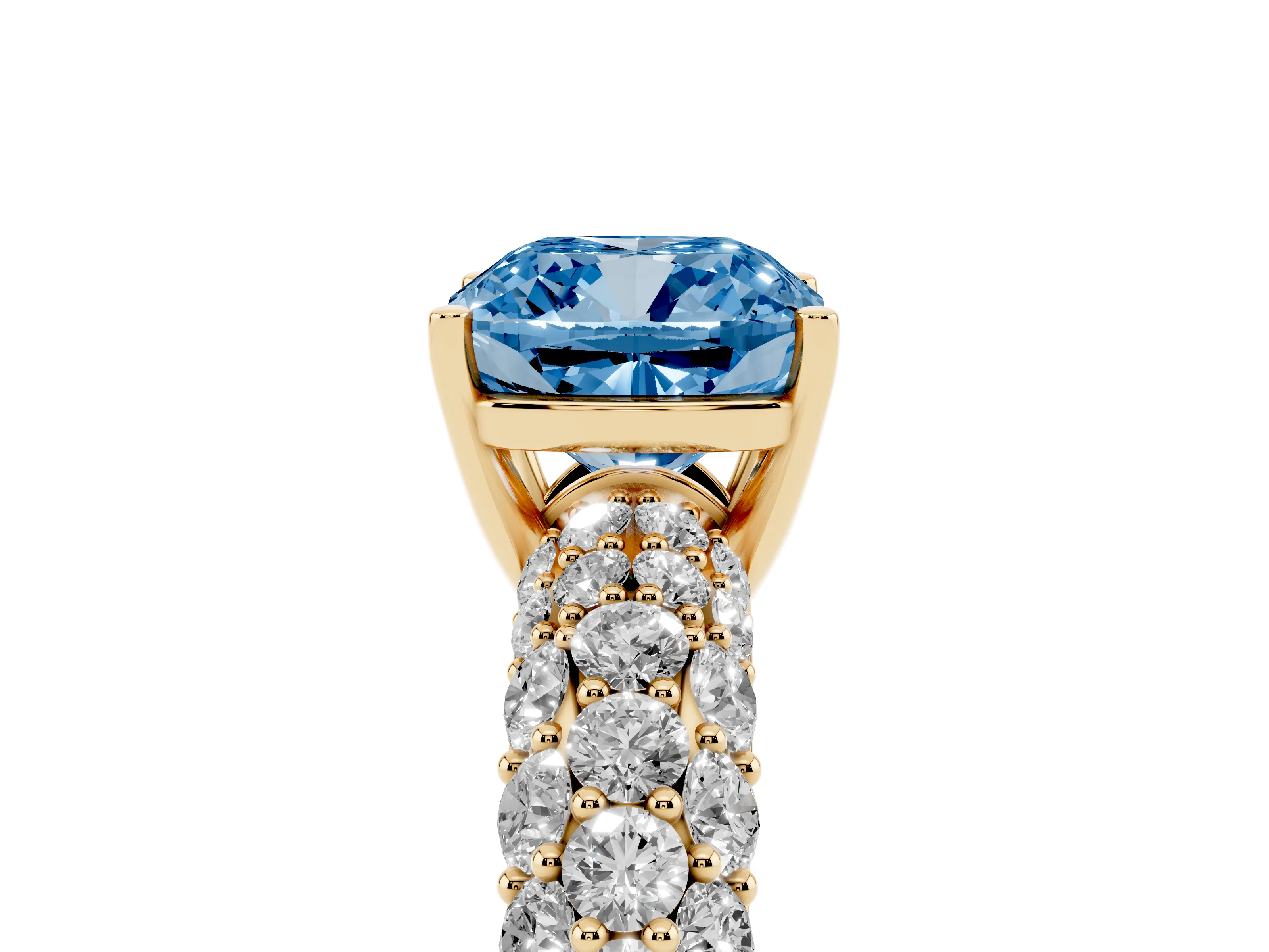 Fancy Blue Cushion Cut Diamond Pavé Band Solitaire Ring Set in Yellow gold with Close-Set Accent Stones and Prong Setting