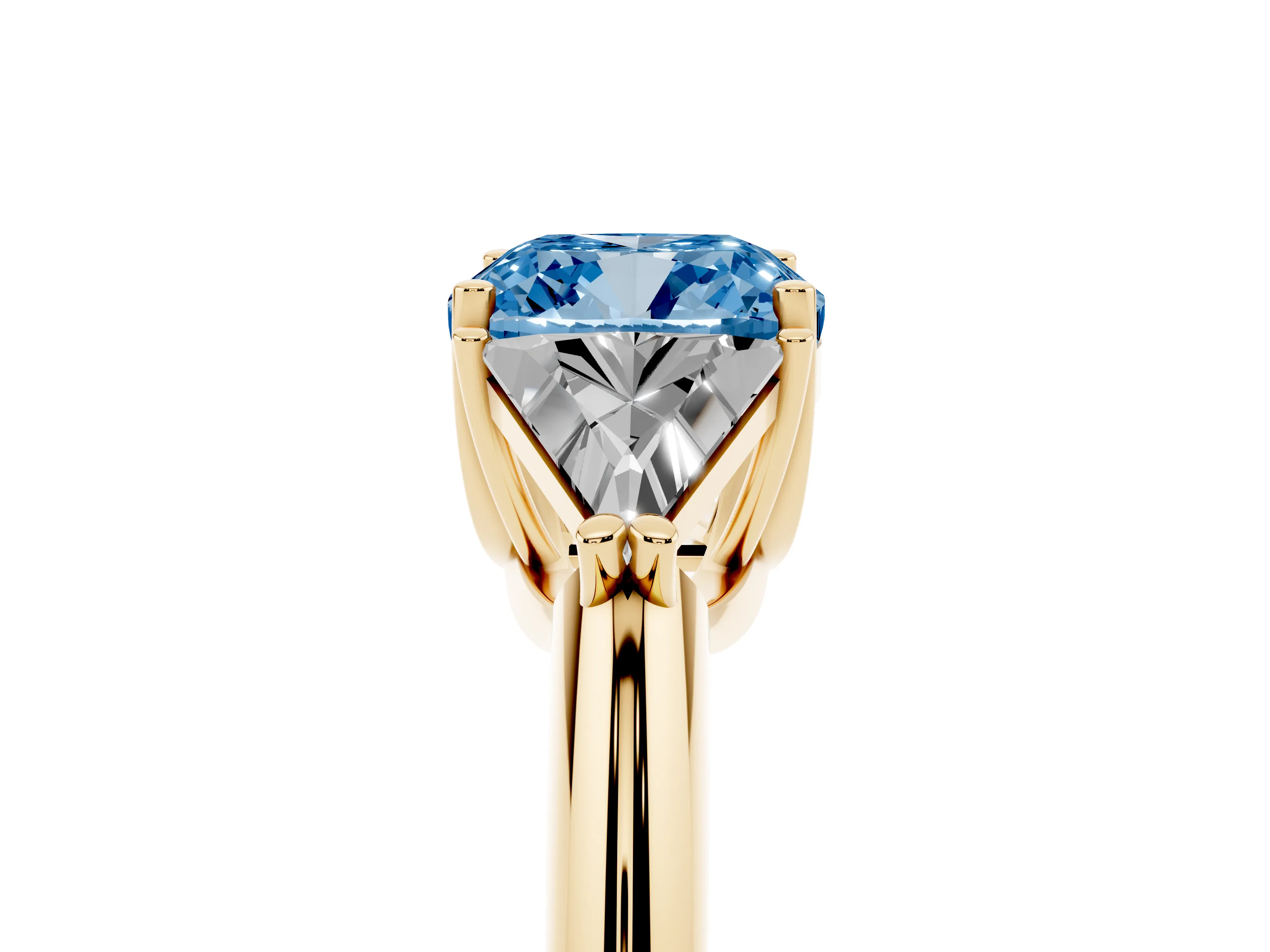 Fancy Blue Cushion Cut Diamond Three-Stone Engagement Ring Set in Yellow gold with Trillion Side Stones