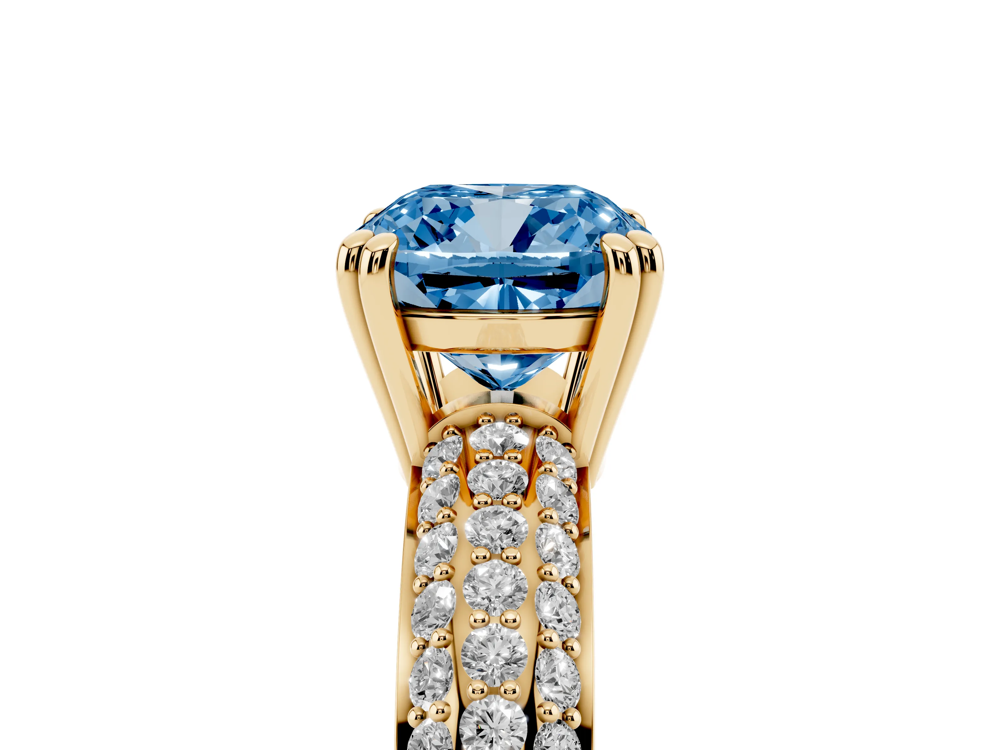 Fancy Blue Cushion Cut Diamond Solitaire Ring Set in Yellow gold with Multi-Row Round Pavé Band and Prong Setting