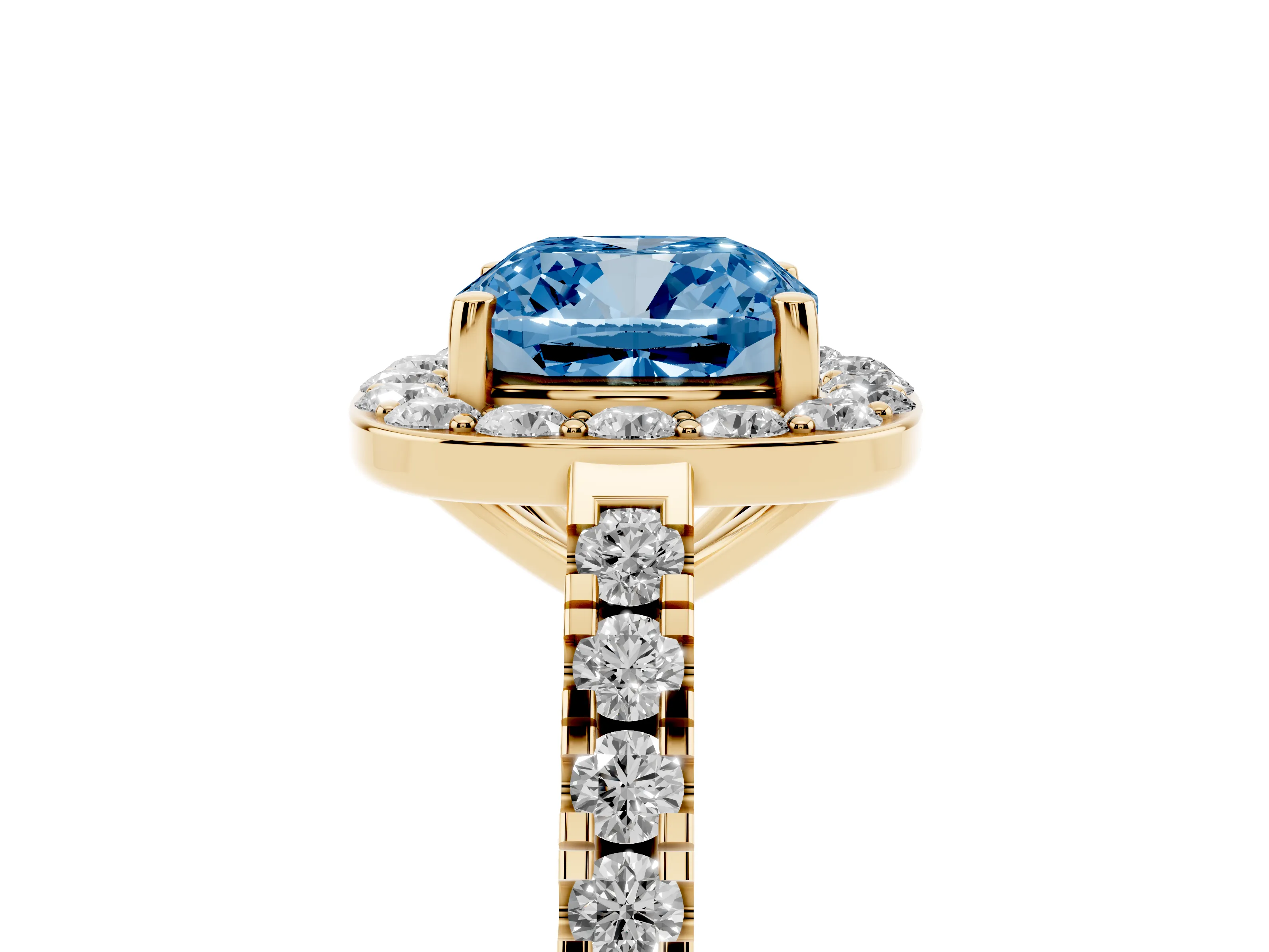 Fancy Blue Cushion Cut Diamond Halo Ring Set in Yellow gold with Round Pavé Split Shank and Prong Setting