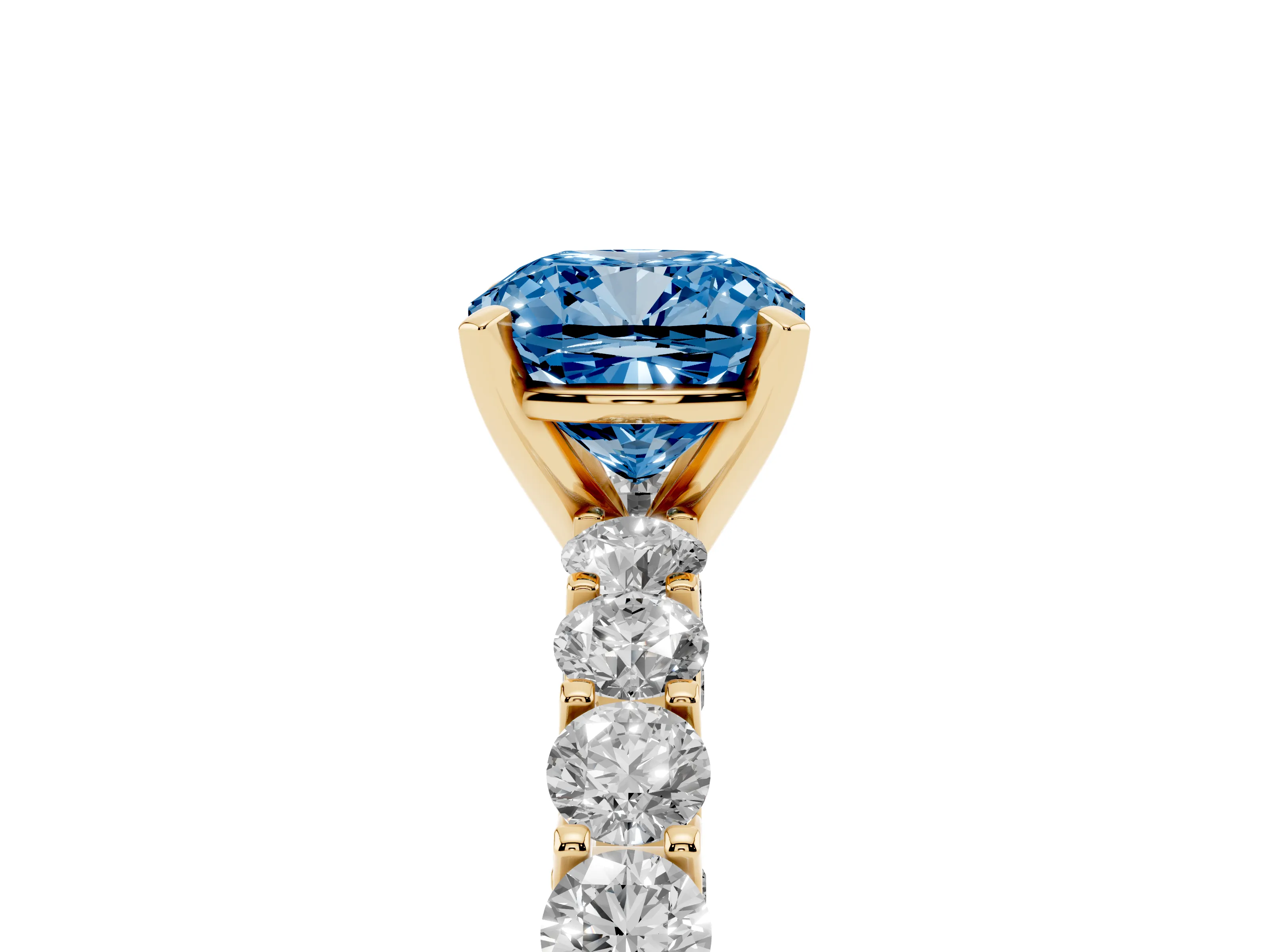 Fancy Blue Cushion Cut Diamond Solitaire Ring Set in Yellow gold with Shared Prong Pavé Band