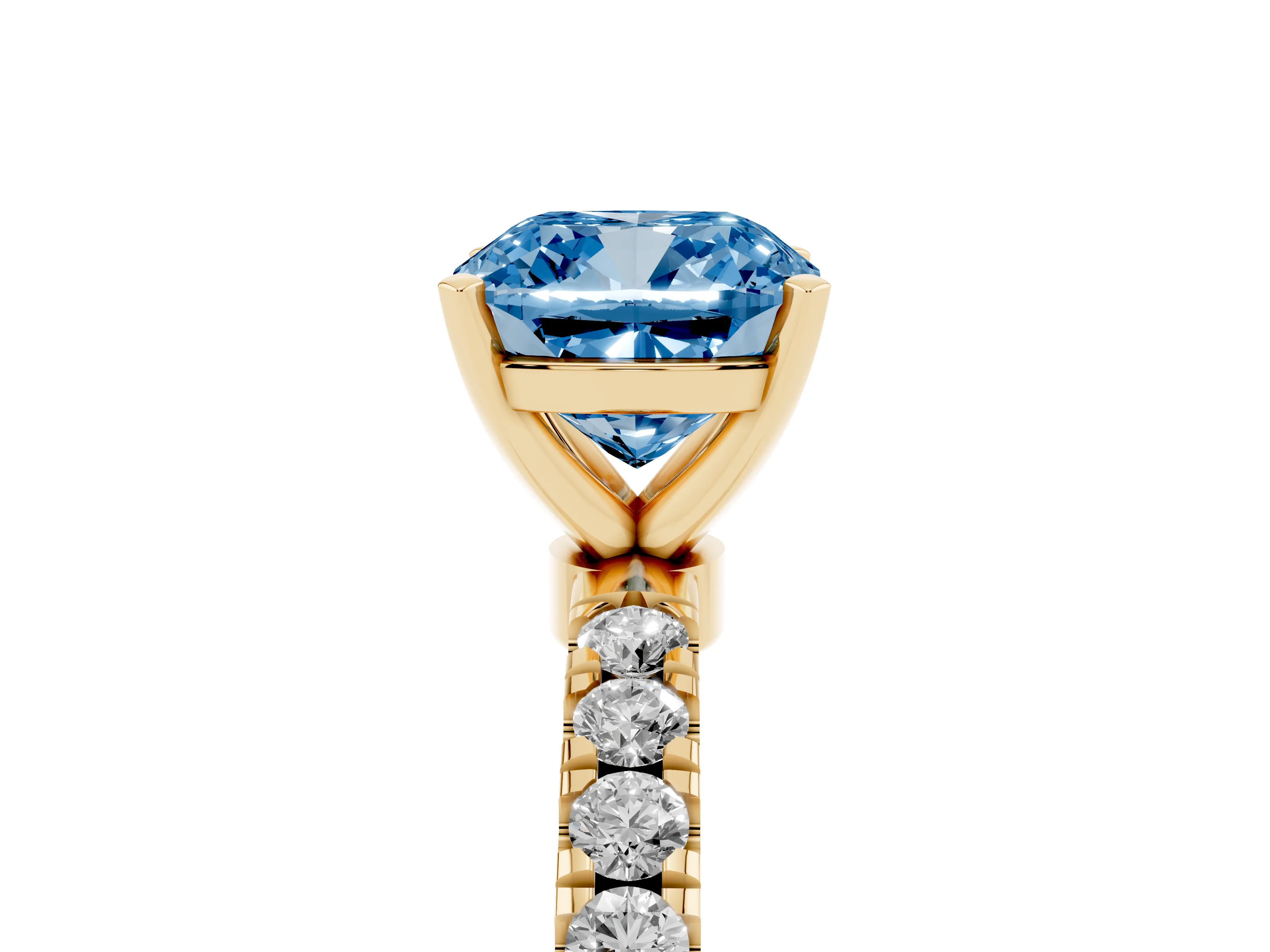 Fancy Blue Cushion Cut Diamond Solitaire Ring Set in Yellow gold with Pavé Accents and Prong Setting