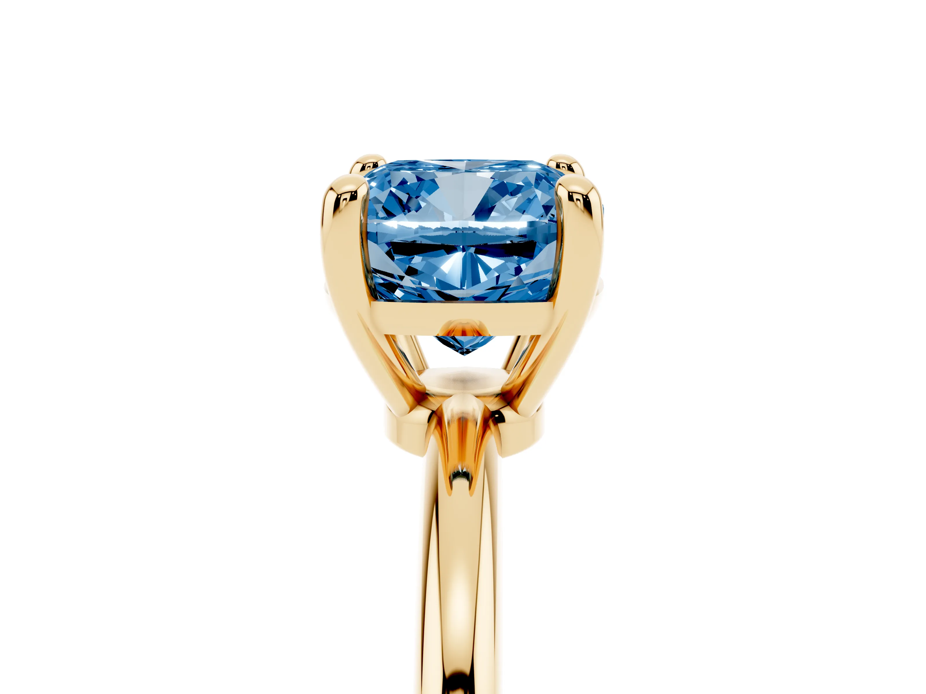 Fancy Blue Cushion Cut Diamond Solitaire Ring Set in Yellow gold with Secure Prong Setting on a Classic Band