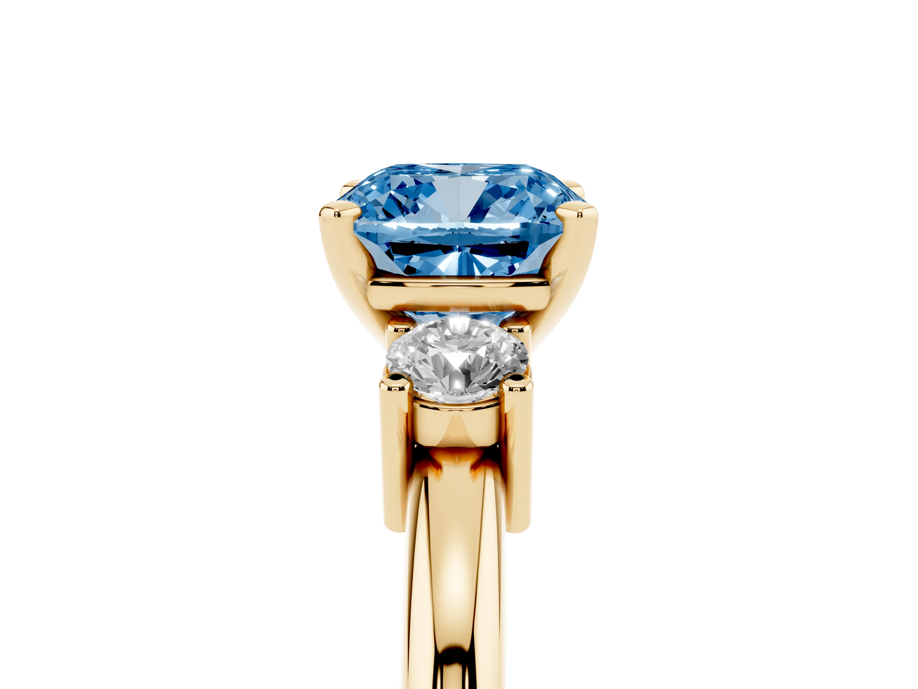 Fancy Blue Three-Stone Cushion Cut Diamond Ring Set in Yellow gold with Prong Setting and Plain Band