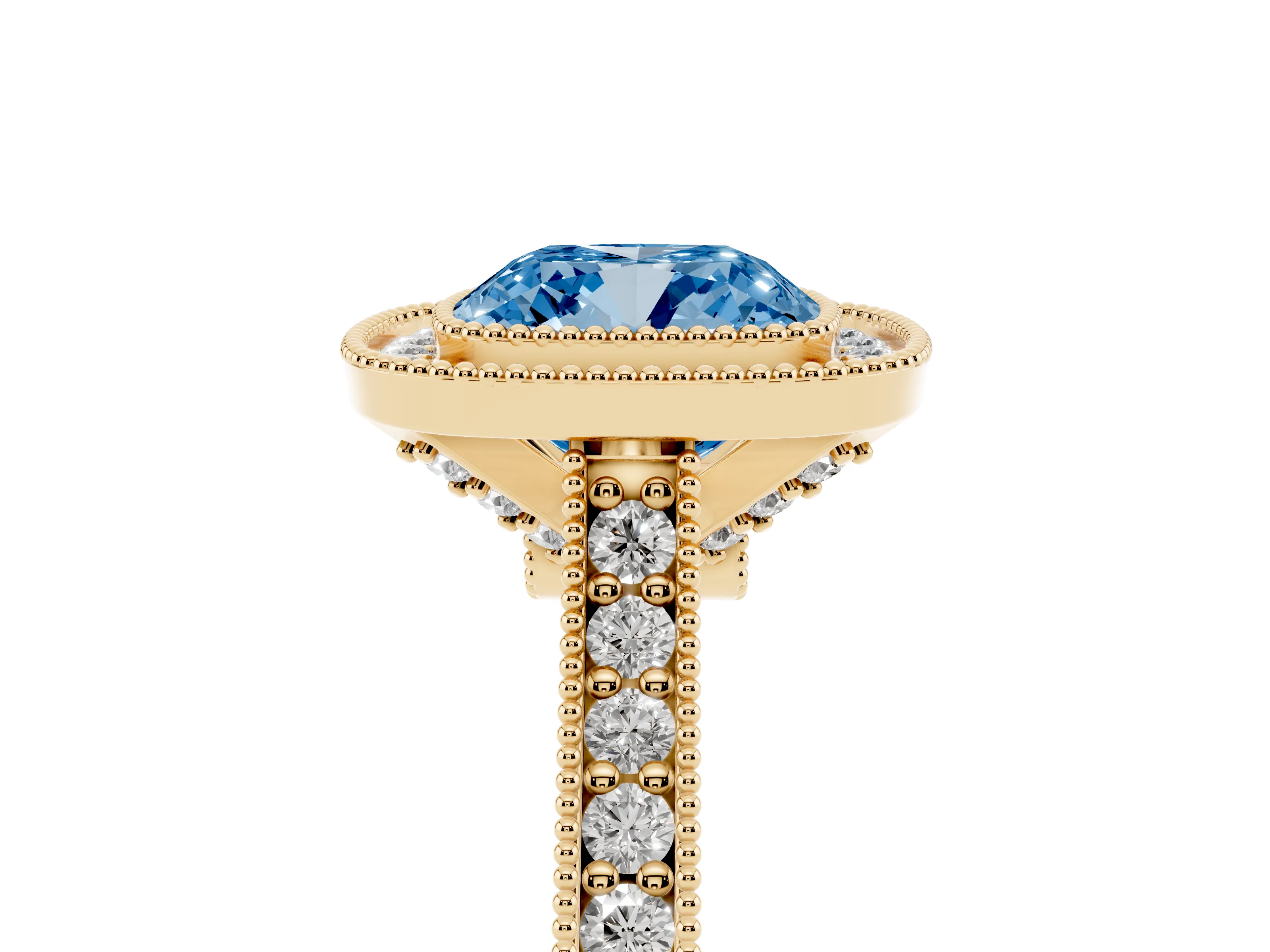 Fancy Blue Cushion Cut Diamond Halo Milgrain Pavé Band Ring Set in Yellow gold with Prong Setting