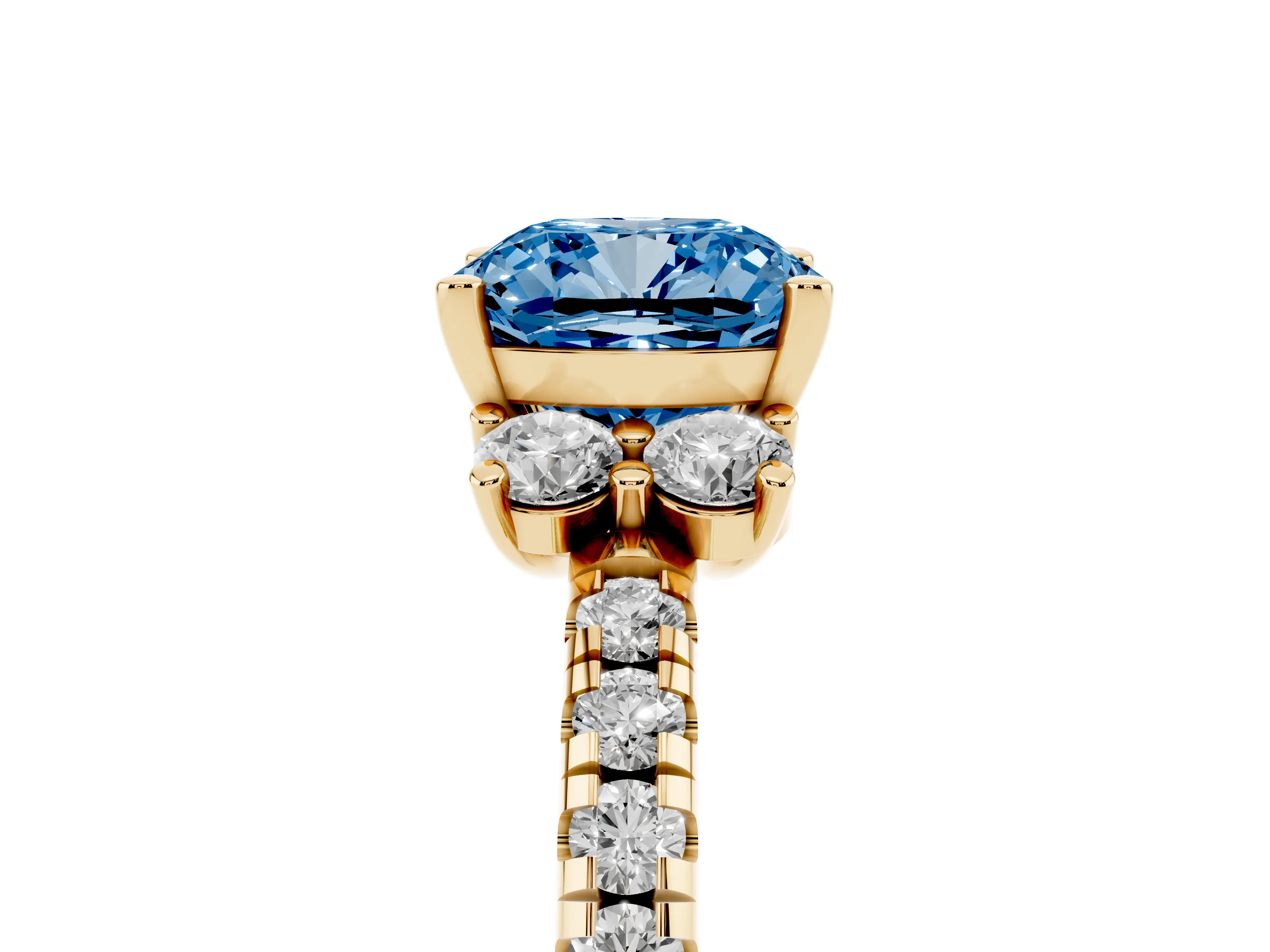 Fancy Blue Cushion Cut Diamond Three-Stone Pavé Ring Set in Yellow gold with Prong Setting