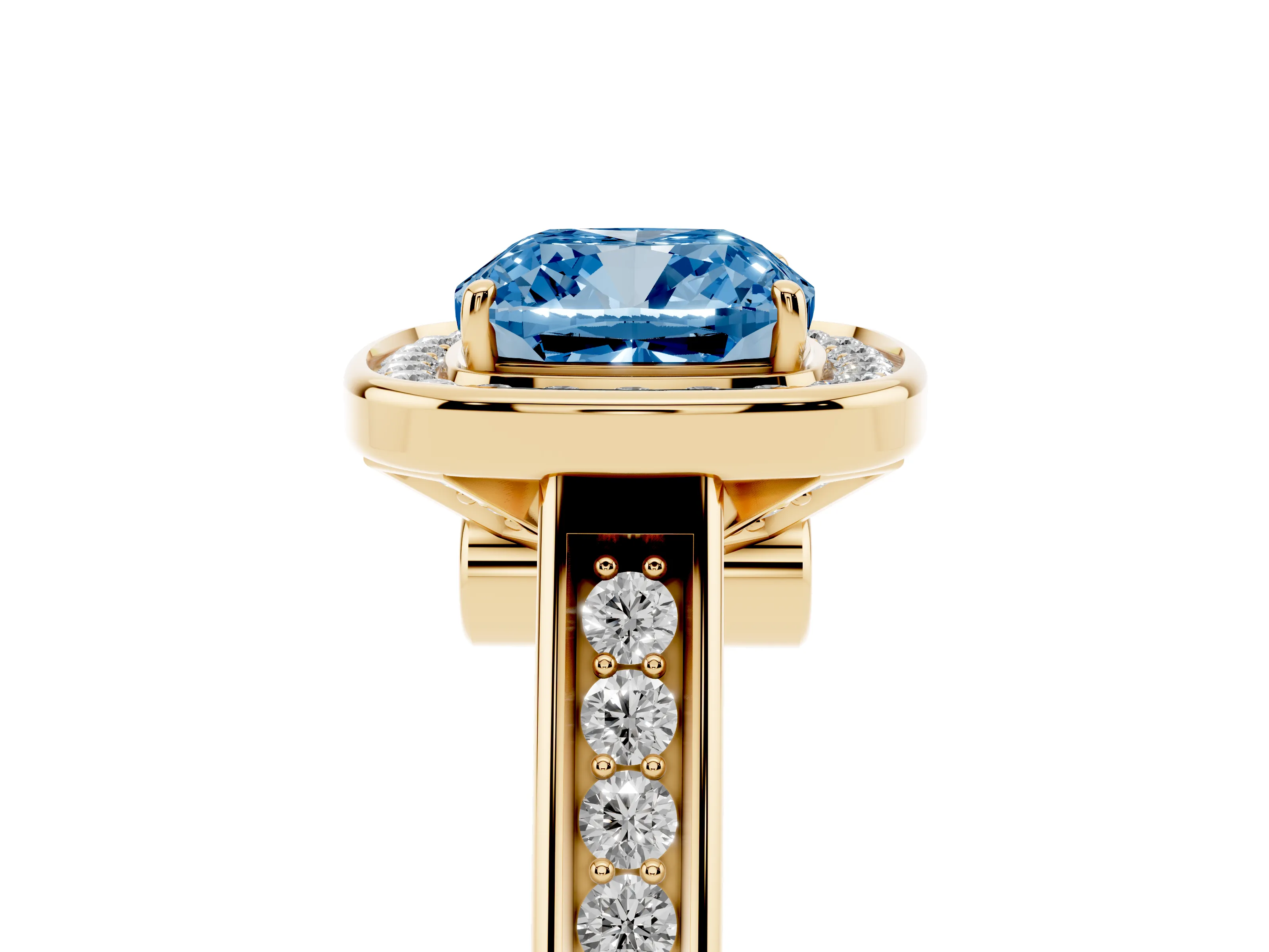 Fancy Blue Cushion Cut Diamond Halo Solitaire Ring Set in Yellow gold with Pavé Band and Bezel Setting