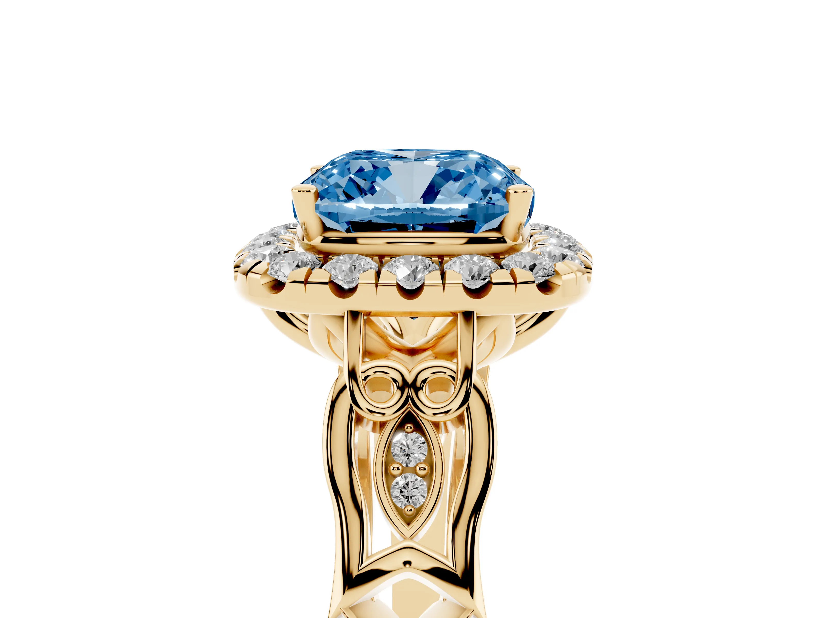 Fancy Blue Cushion Cut Diamond Halo Engagement Ring Set in Yellow gold with Filigree Band and Prong-Set Center