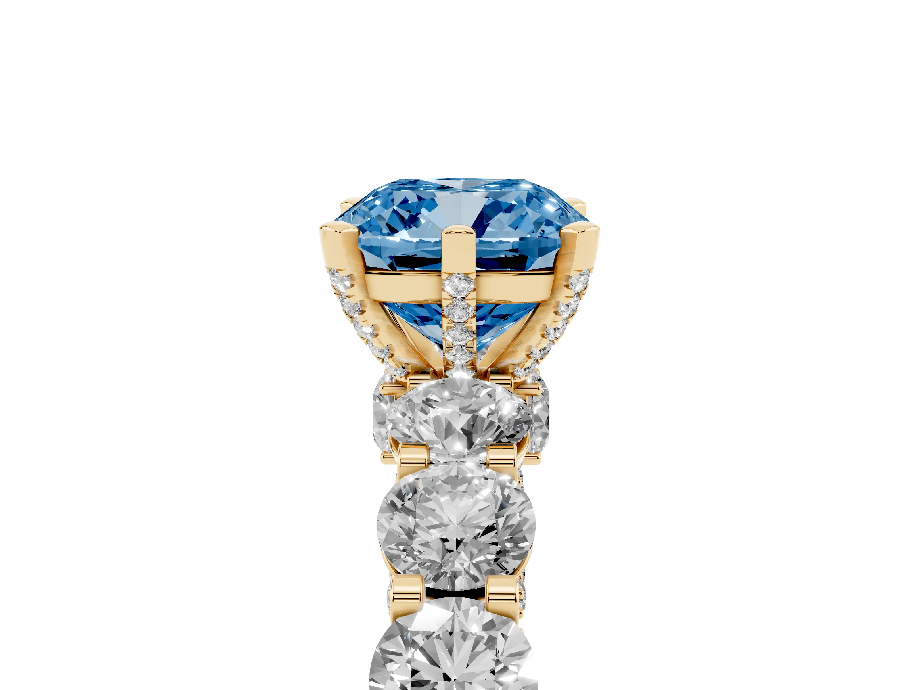 Fancy Blue Cushion Cut Diamond Side Stone Ring Set in Yellow gold with Alternating Round and Oval Side Stones