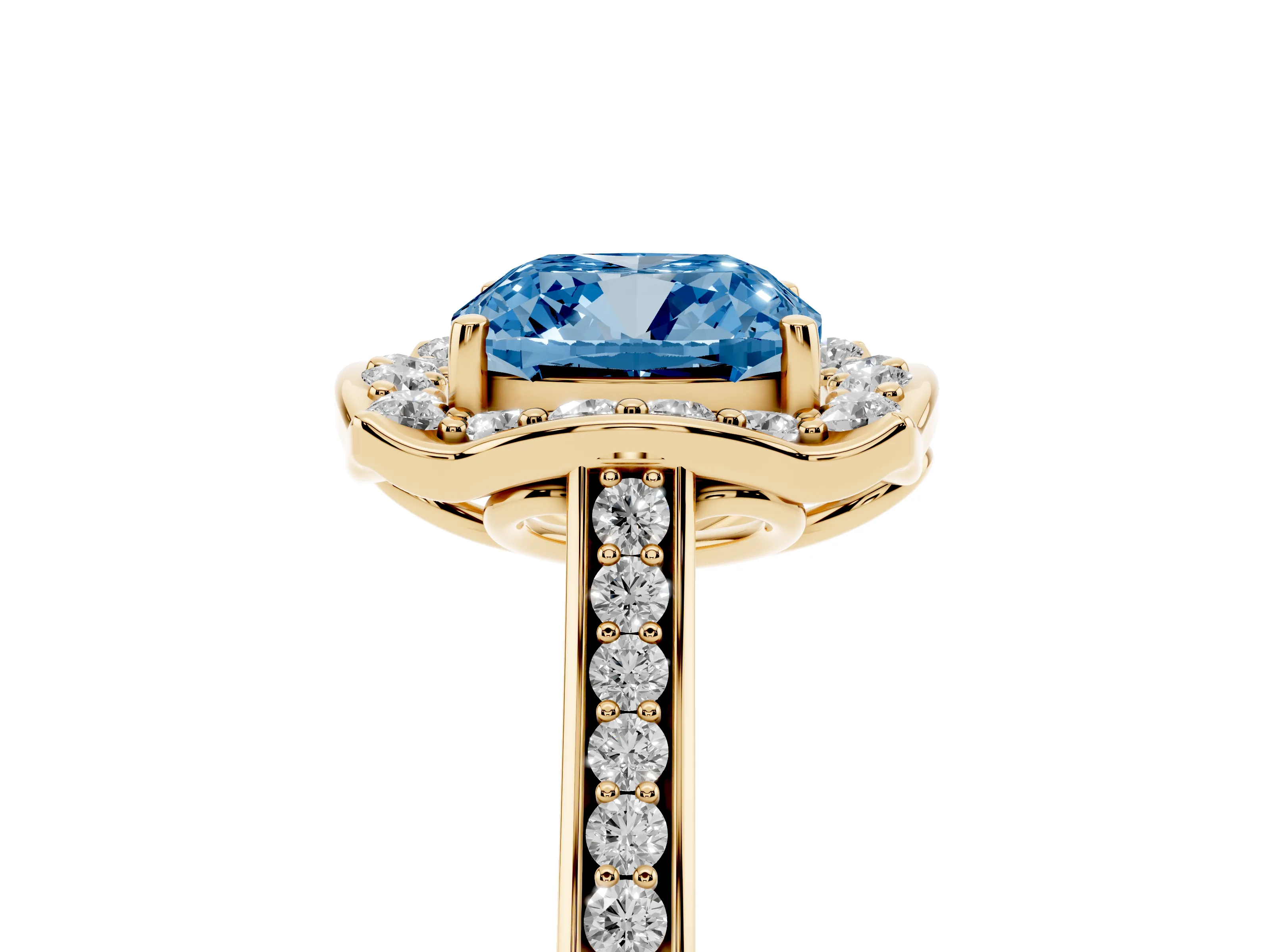 Fancy Blue Cushion Cut Diamond Halo Ring Set in Yellow gold with Pavé-Lined Shoulders and Prong Setting
