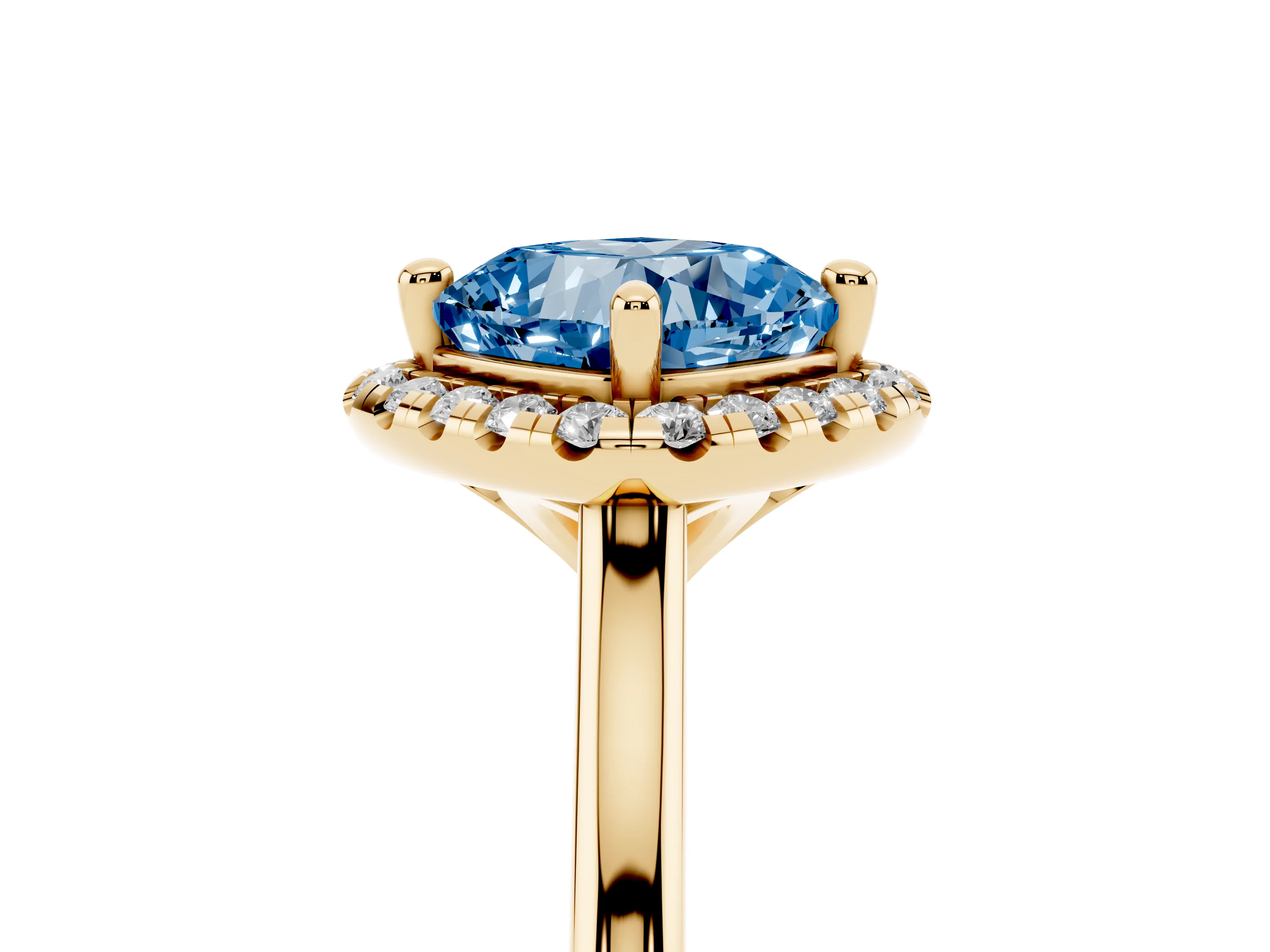 Fancy Blue Cushion Cut Diamond Halo Engagement Ring Set in Yellow gold with Pavé Band and Rising Shoulders