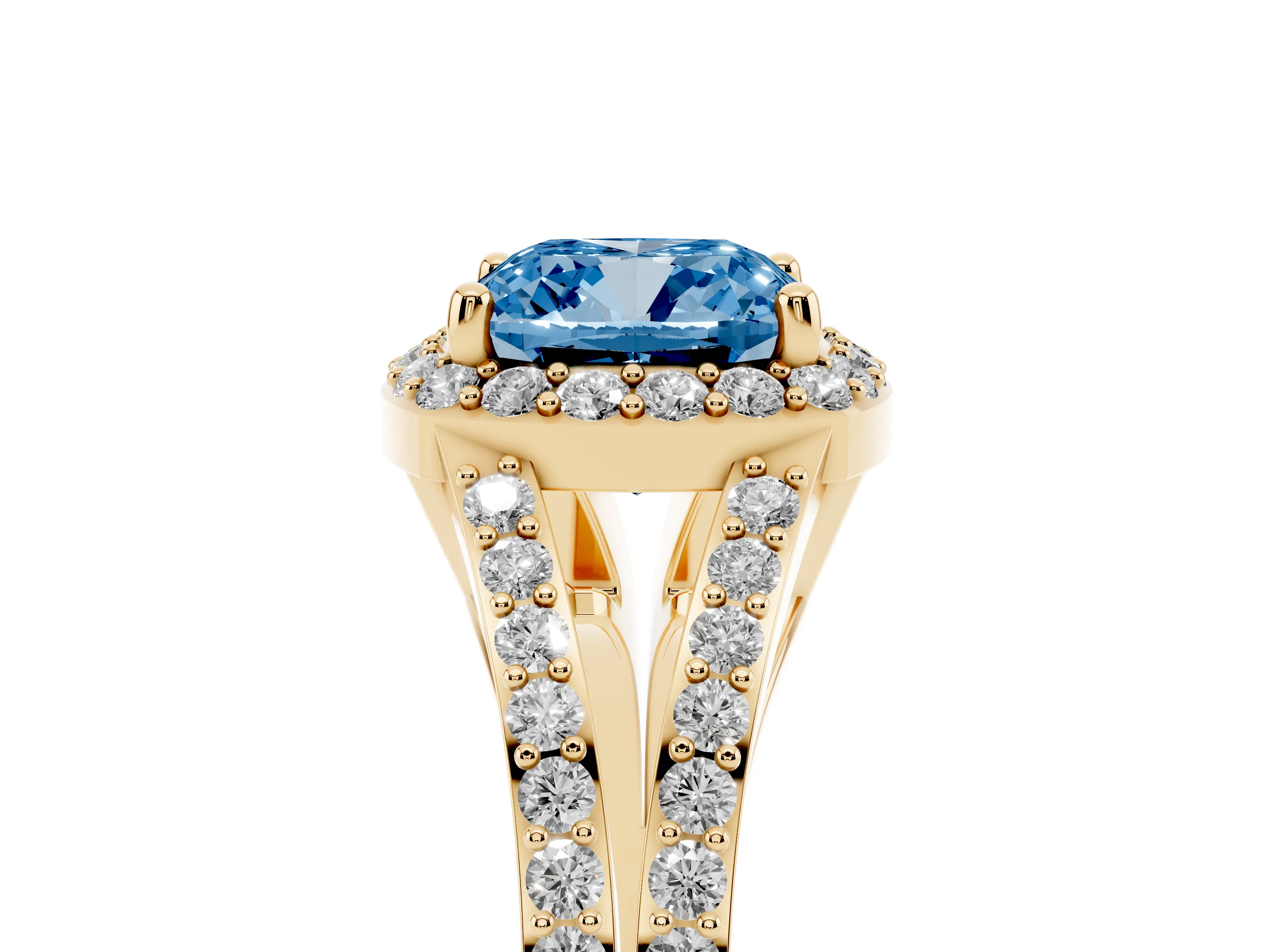 Fancy Blue Cushion Cut Diamond Halo Split Shank Ring Set in Yellow gold with Accent Stones and Prong Setting