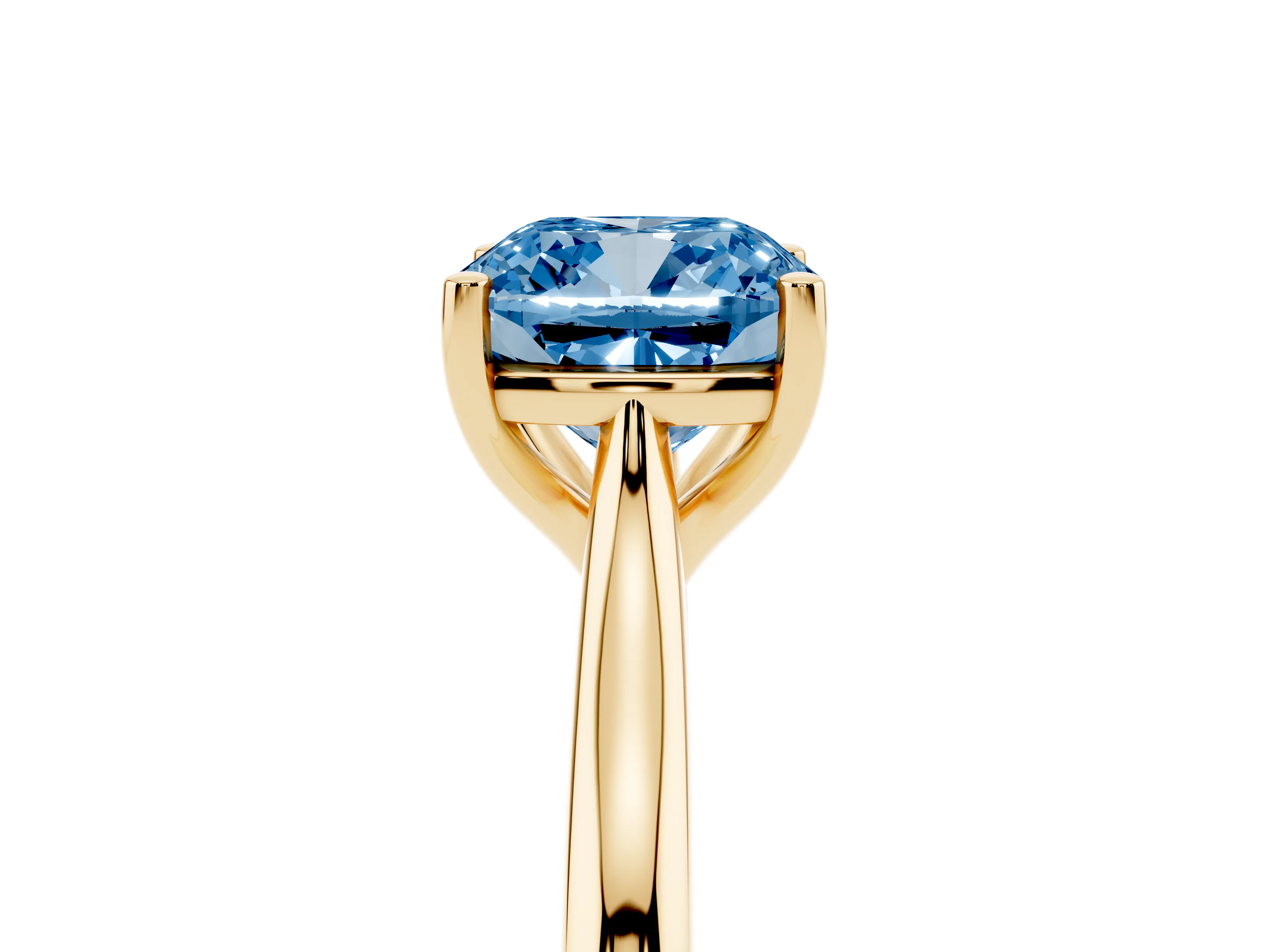 Fancy Blue Cushion Cut Diamond Solitaire Ring Set in Yellow gold with Cathedral Band and Prong Setting