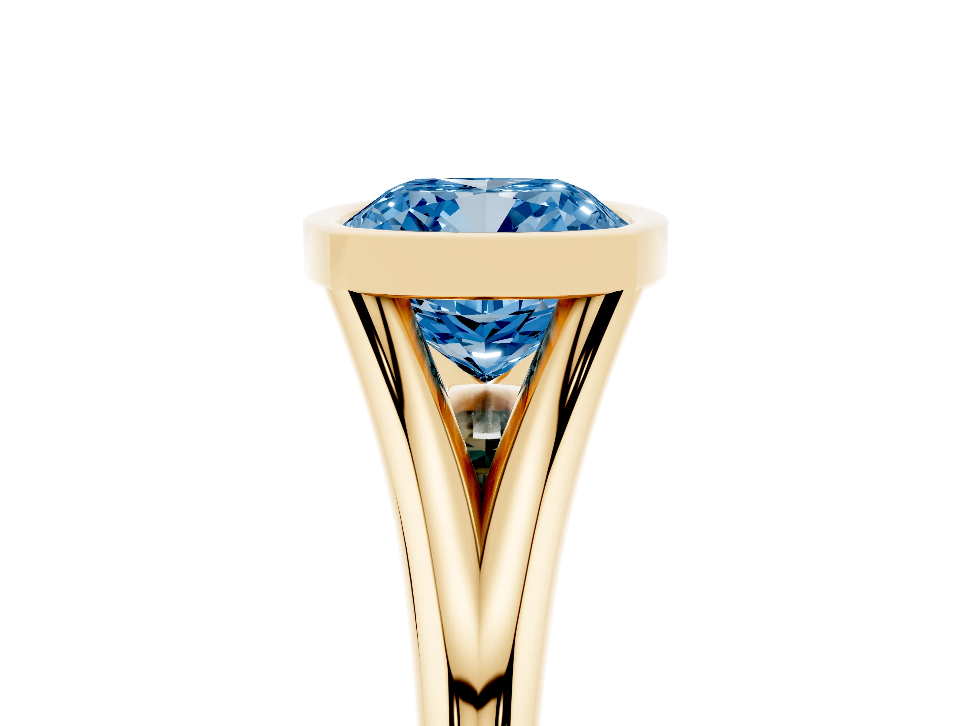 Fancy Blue Bezel Set Cushion Cut Diamond Solitaire Ring Set in Yellow gold with Tapered Band