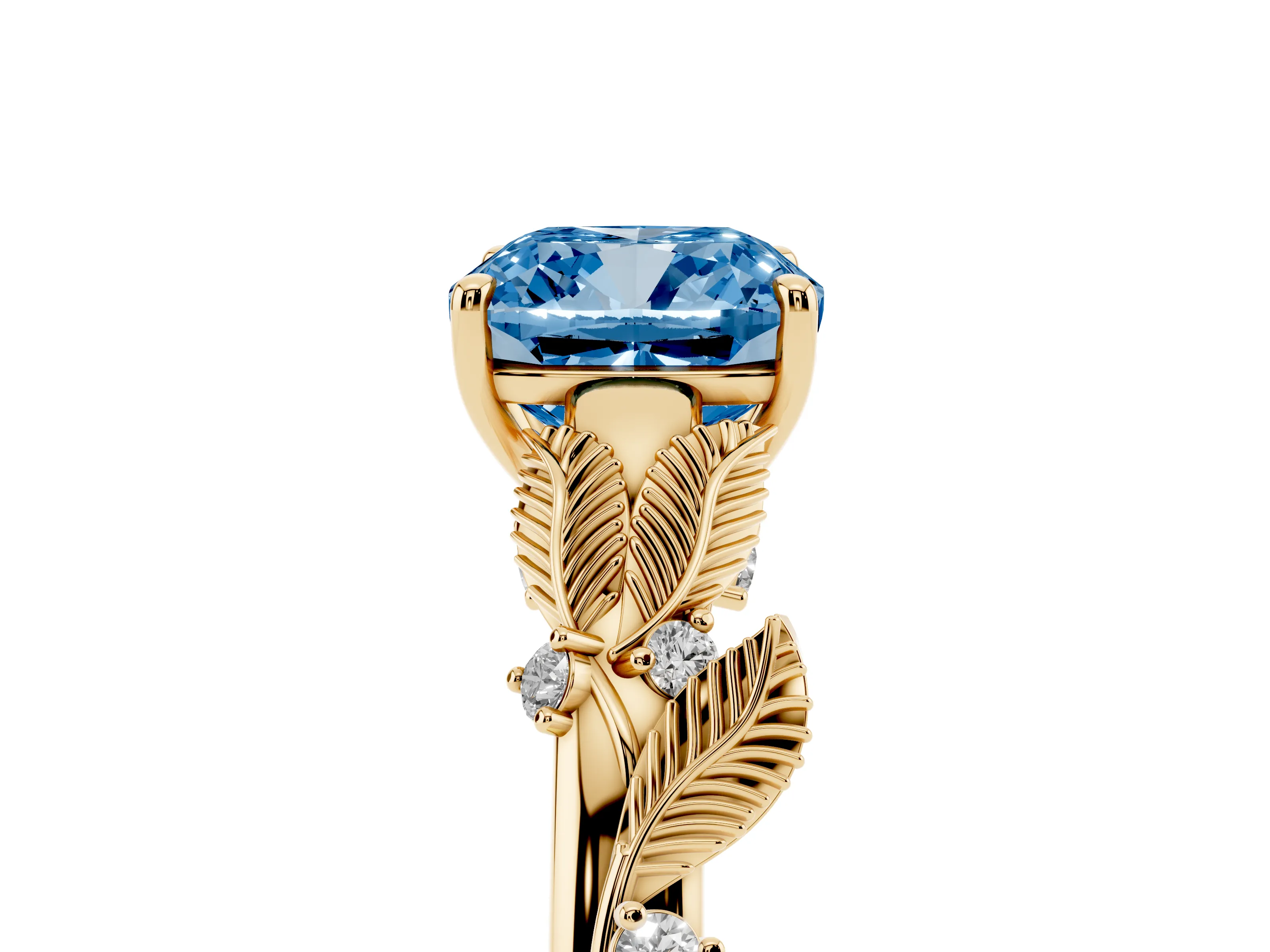 Fancy Blue Cushion Cut Diamond Solitaire Ring Set in Yellow gold with Leaf Motif Band