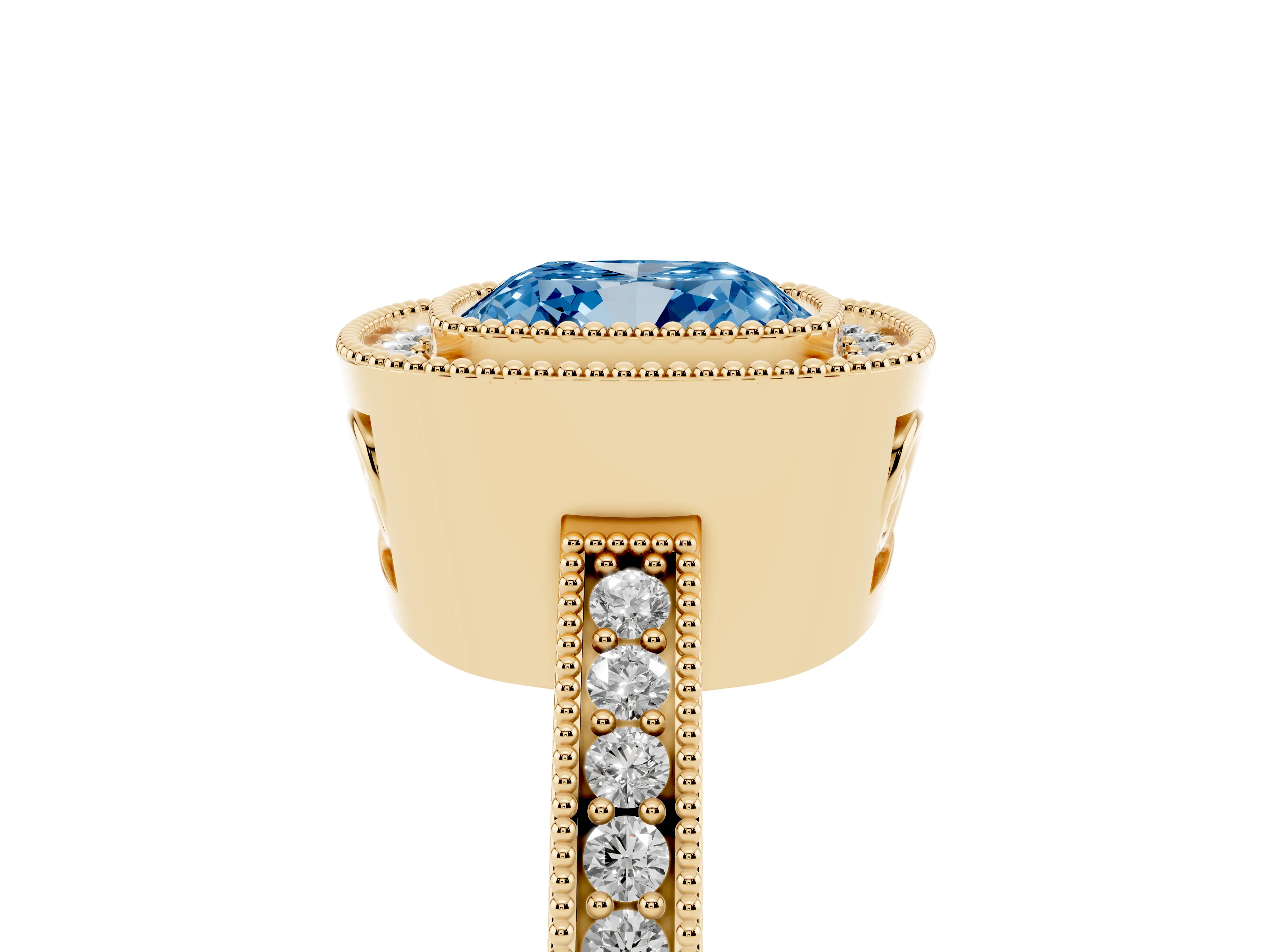 Fancy Blue Cushion Cut Diamond Round Halo Ring Set in Yellow gold with Pavé Band