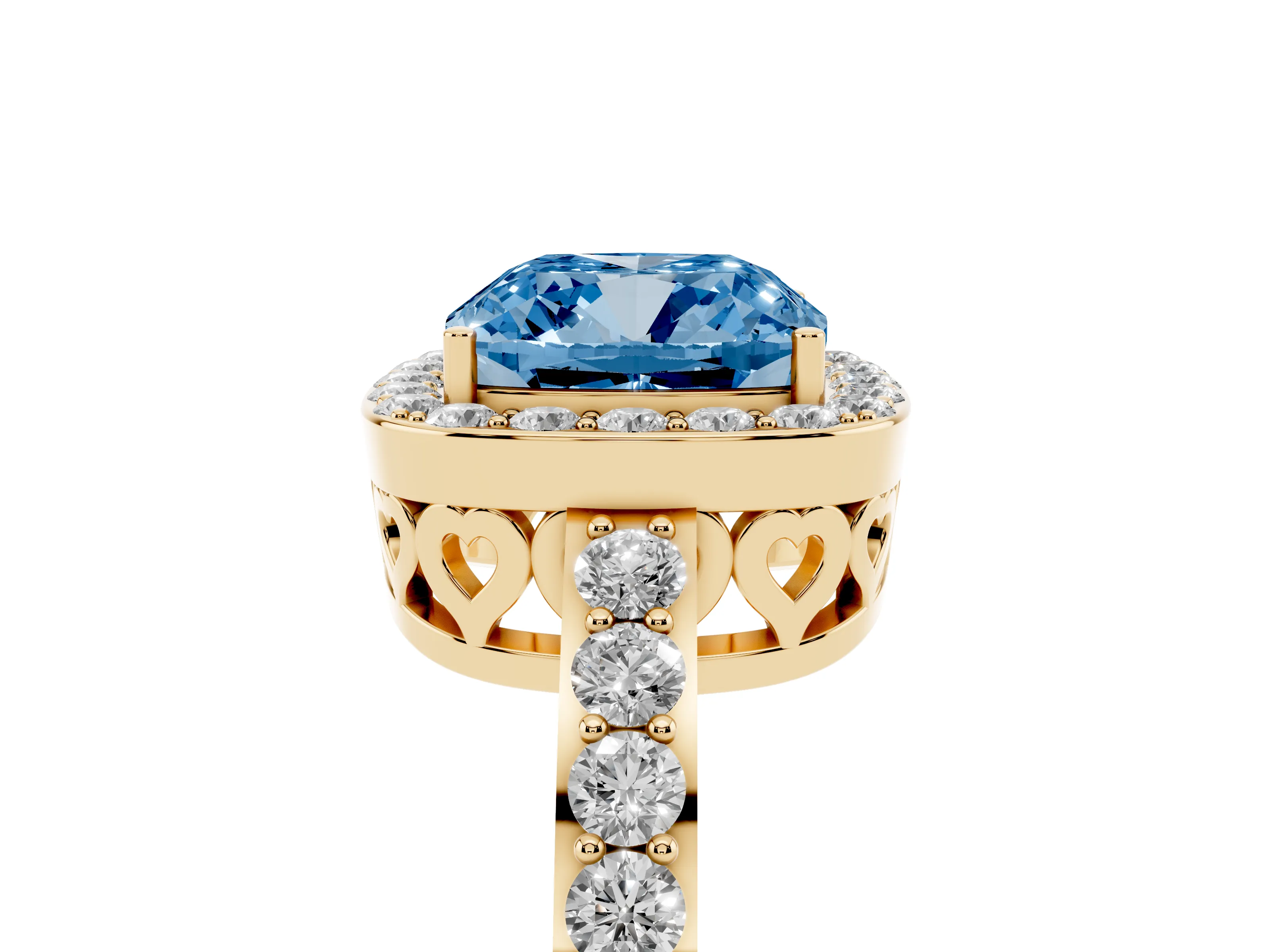 Fancy Blue Cushion Cut Diamond Halo Ring Set in Yellow gold with Pavé-Setting Band and Open Prong Center