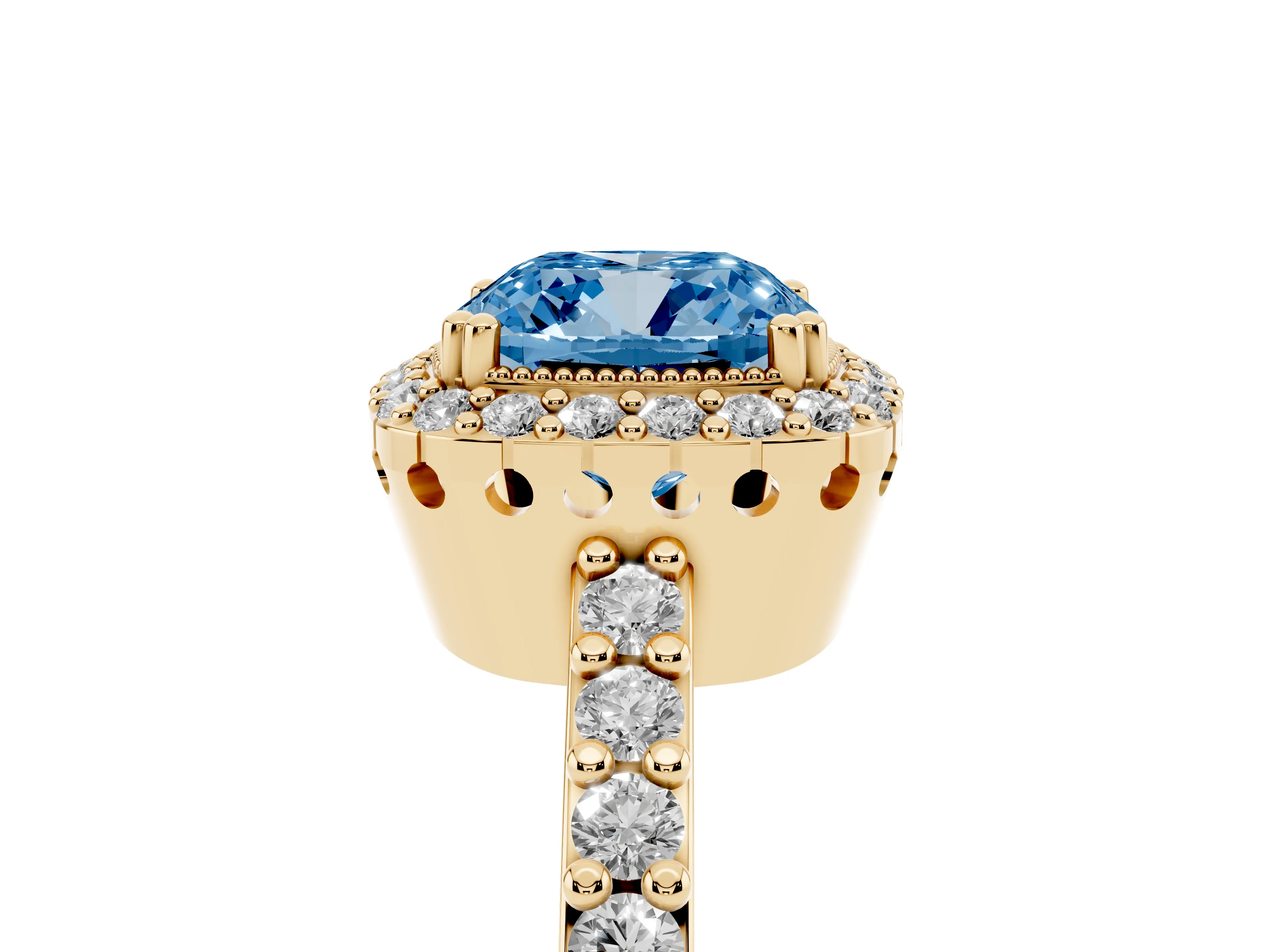 Fancy Blue Cushion Cut Diamond Halo Engagement Ring Set in Yellow gold with Milgrain Detail and Pavé Band