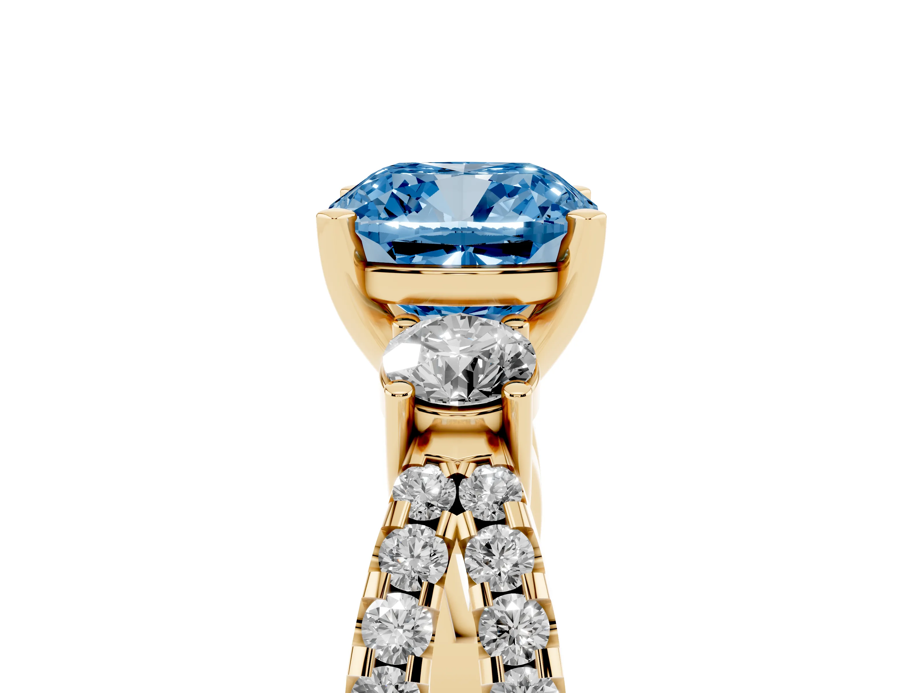 Fancy Blue Cushion Cut Diamond Three-Stone Ring Set in Yellow gold with Pavé Split Shank and Prong Setting
