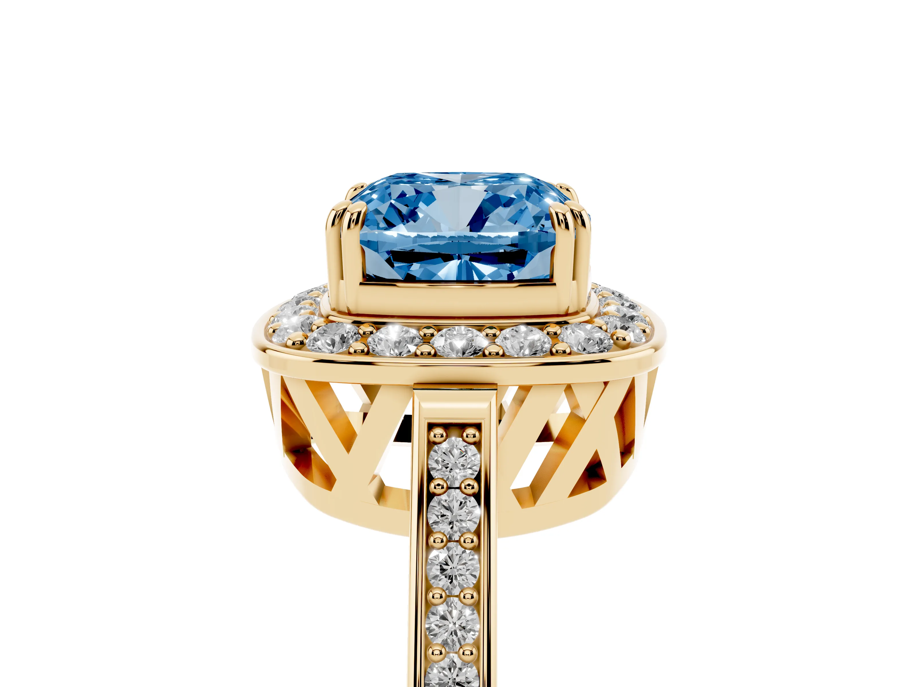 Fancy Blue Cushion Cut Diamond Halo Ring Set in Yellow gold with Accent-Lined Split Shank and Prong Setting