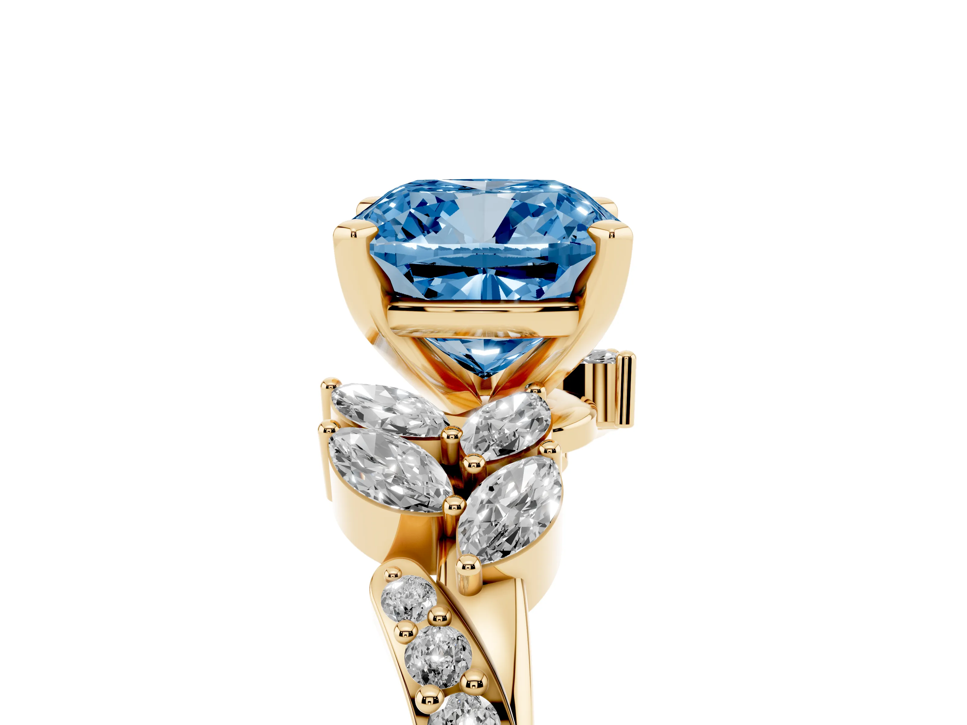 Fancy Blue Cushion Cut Diamond Solitaire Ring Set in Yellow gold with Marquise Twist Band and Prong Setting