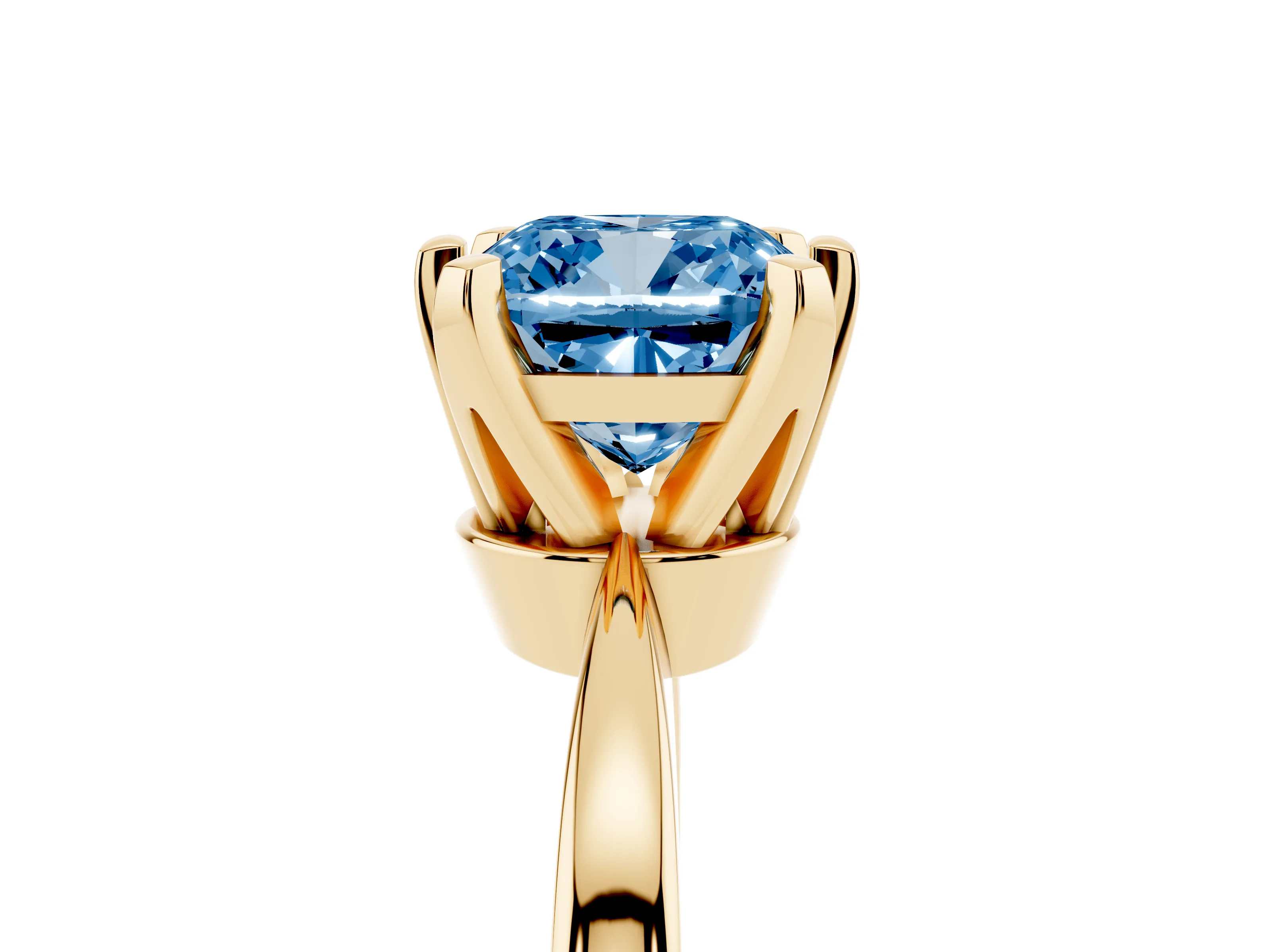Fancy Blue Cushion Cut Diamond Solitaire Engagement Ring Set in Yellow gold with Slim Tapered Solitaire Band