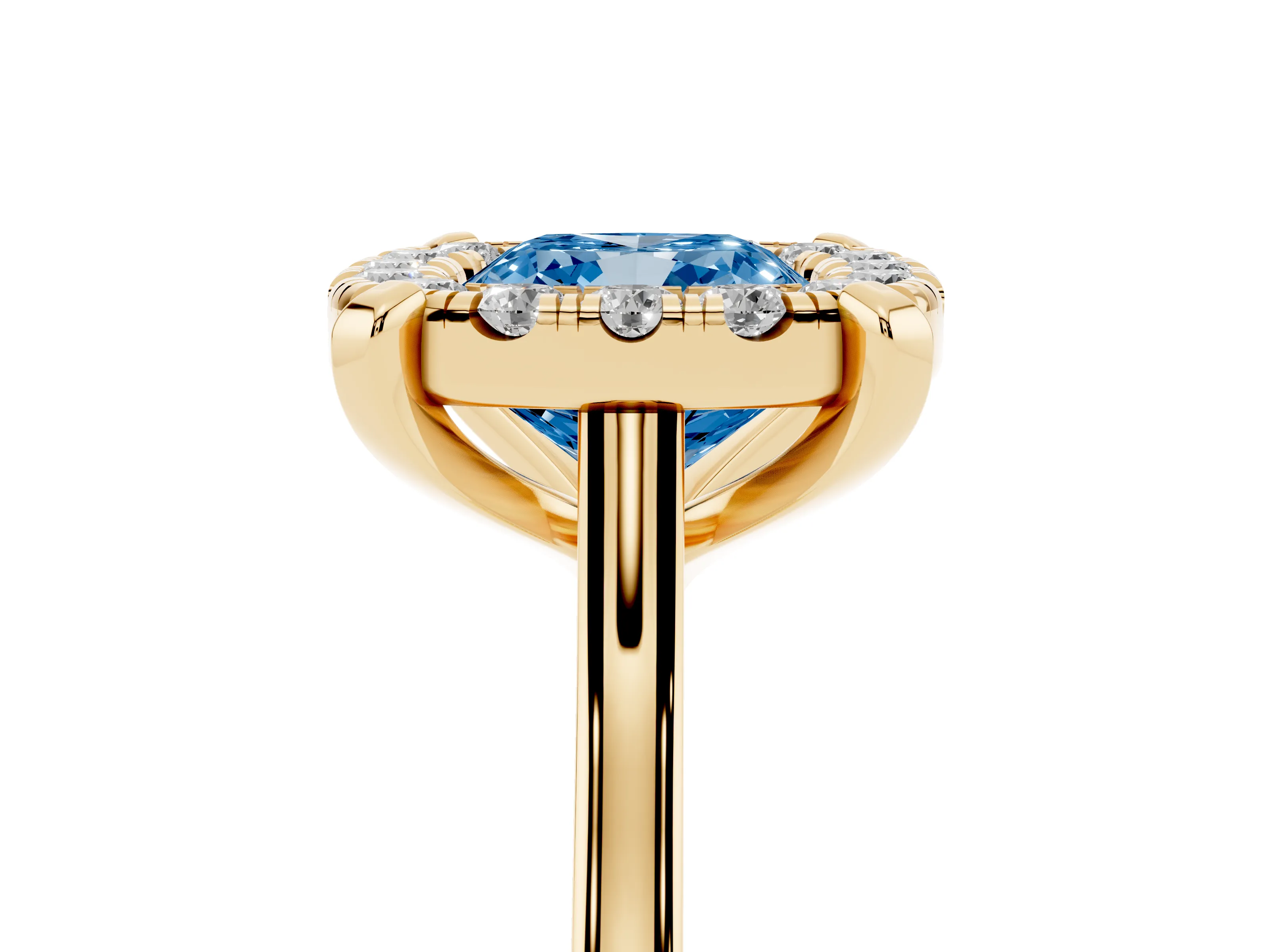 Fancy Blue Cushion Cut Diamond Cluster Halo Solitaire Ring Set in Yellow gold with Prong Setting