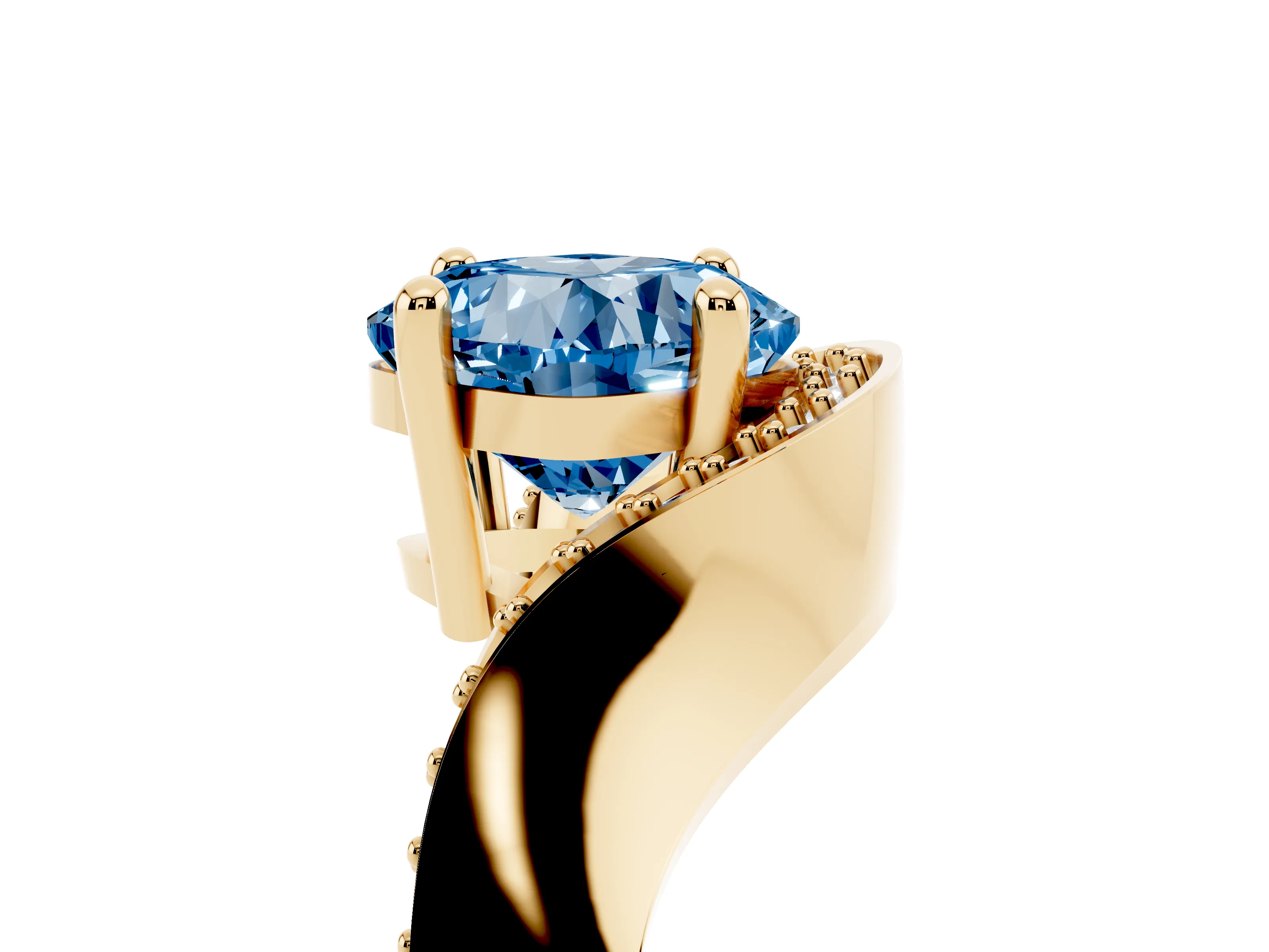 Fancy Blue Cushion Cut Diamond Solitaire Engagement Ring Set in Yellow gold with Pavé Shoulders