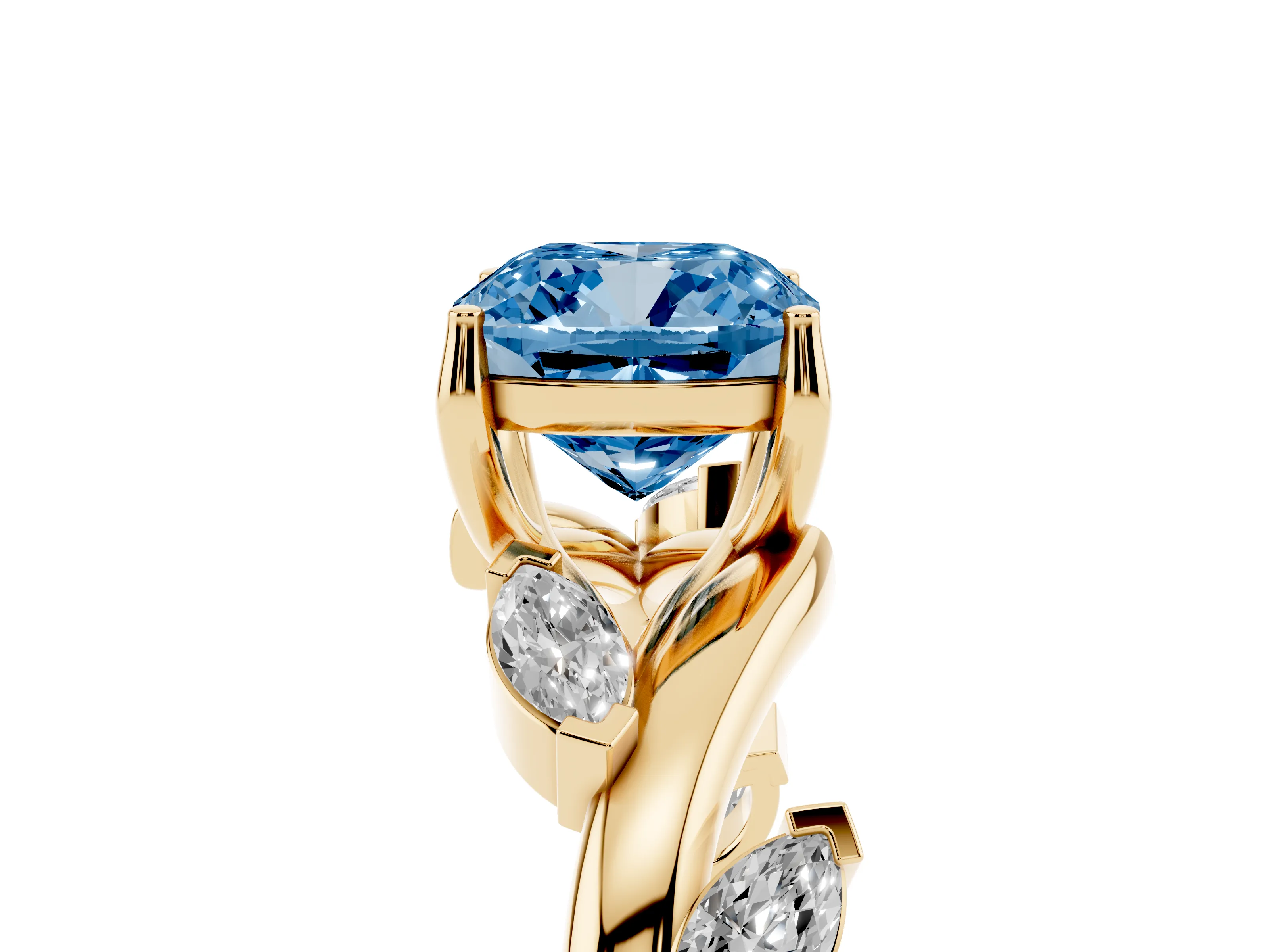 Fancy Blue Cushion Cut Diamond Solitaire Ring Set in Yellow gold with Twisted Marquise Accent Band