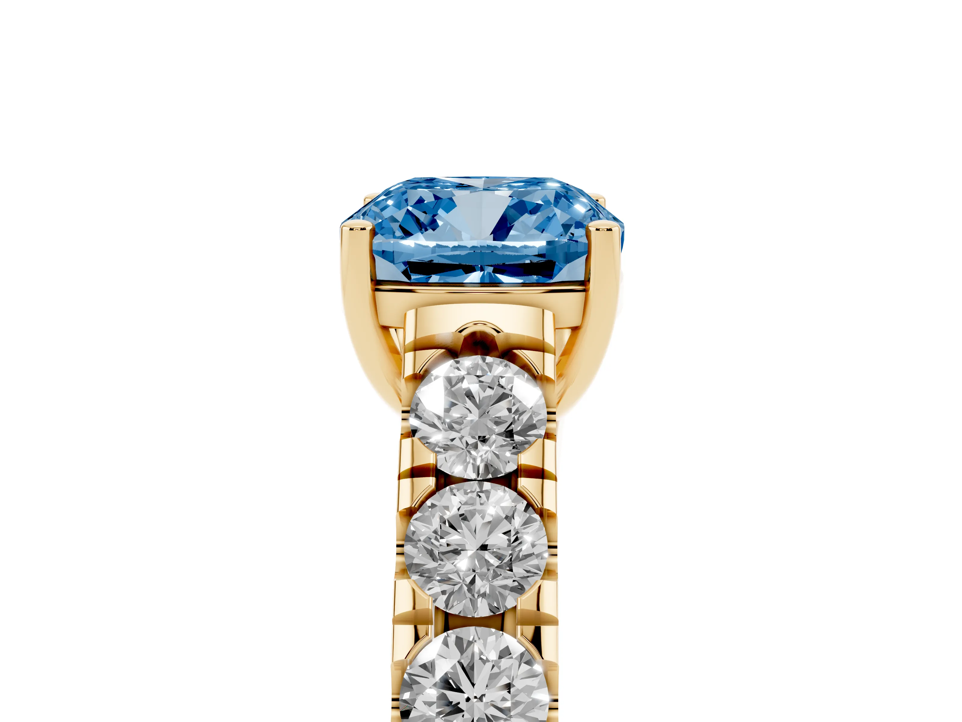 Fancy Blue Cushion Cut Diamond Solitaire Ring Set in Yellow gold with Cut-Down Micro Pavé Band and Prong Setting
