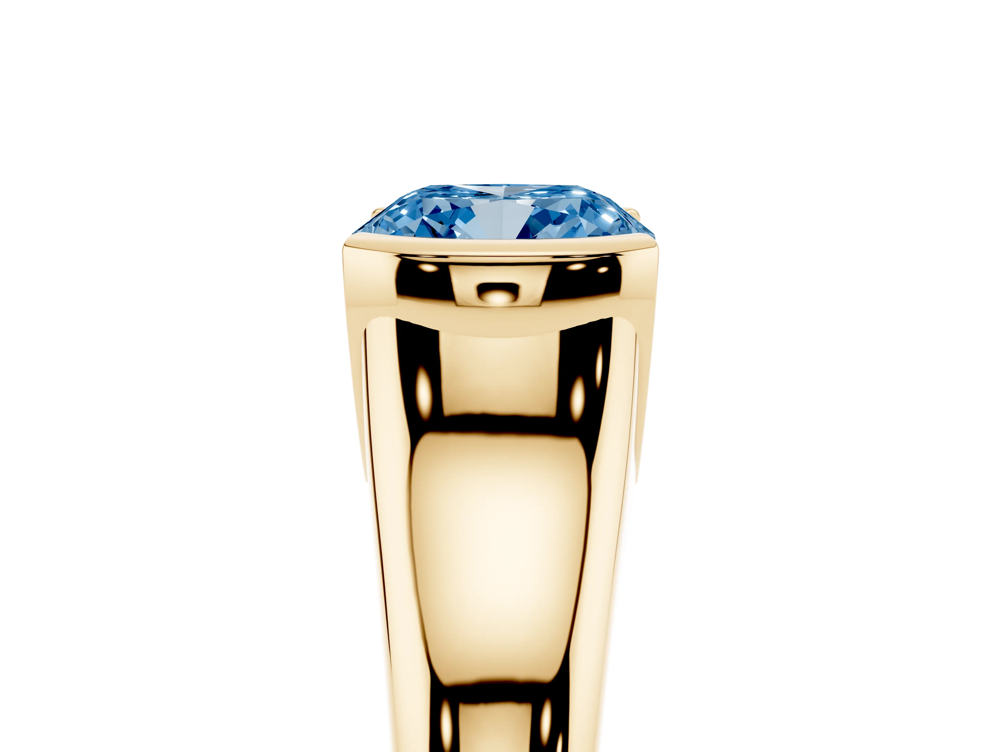 Fancy Blue Cushion Cut Diamond Solitaire Tension Set Ring Set in Yellow gold with Split Shank Band
