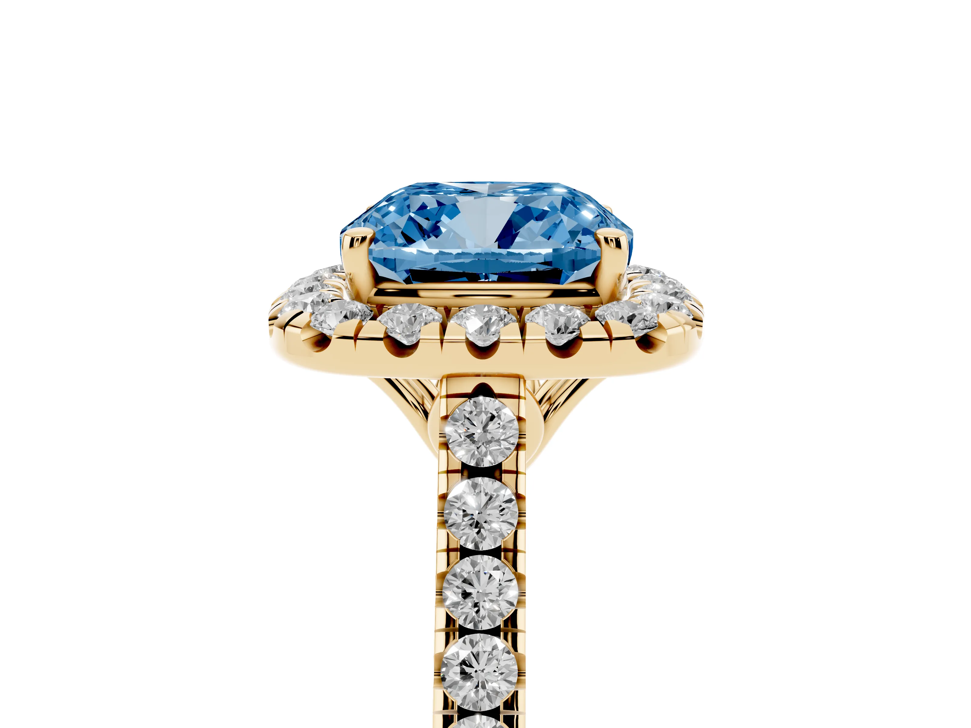 Fancy Blue Cushion Cut Diamond Pavé Halo Engagement Ring Set in Yellow gold with Pavé Band and Prong Setting