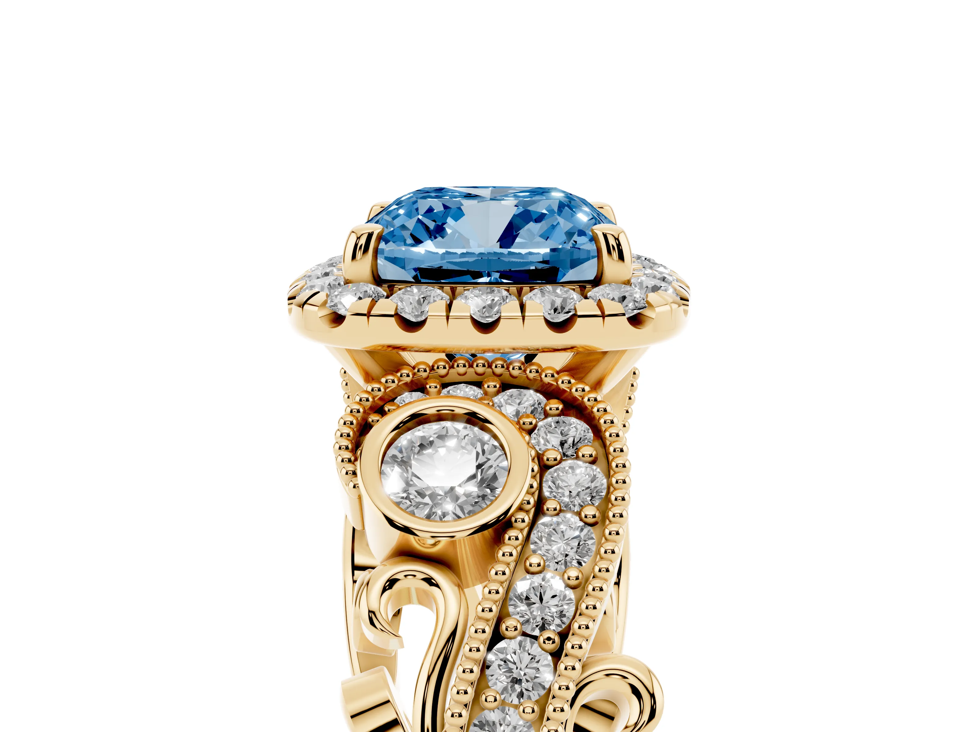 Fancy Blue Cushion Cut Diamond Halo Ring Set in Yellow gold with Milgrain Pavé Band and Prong Setting