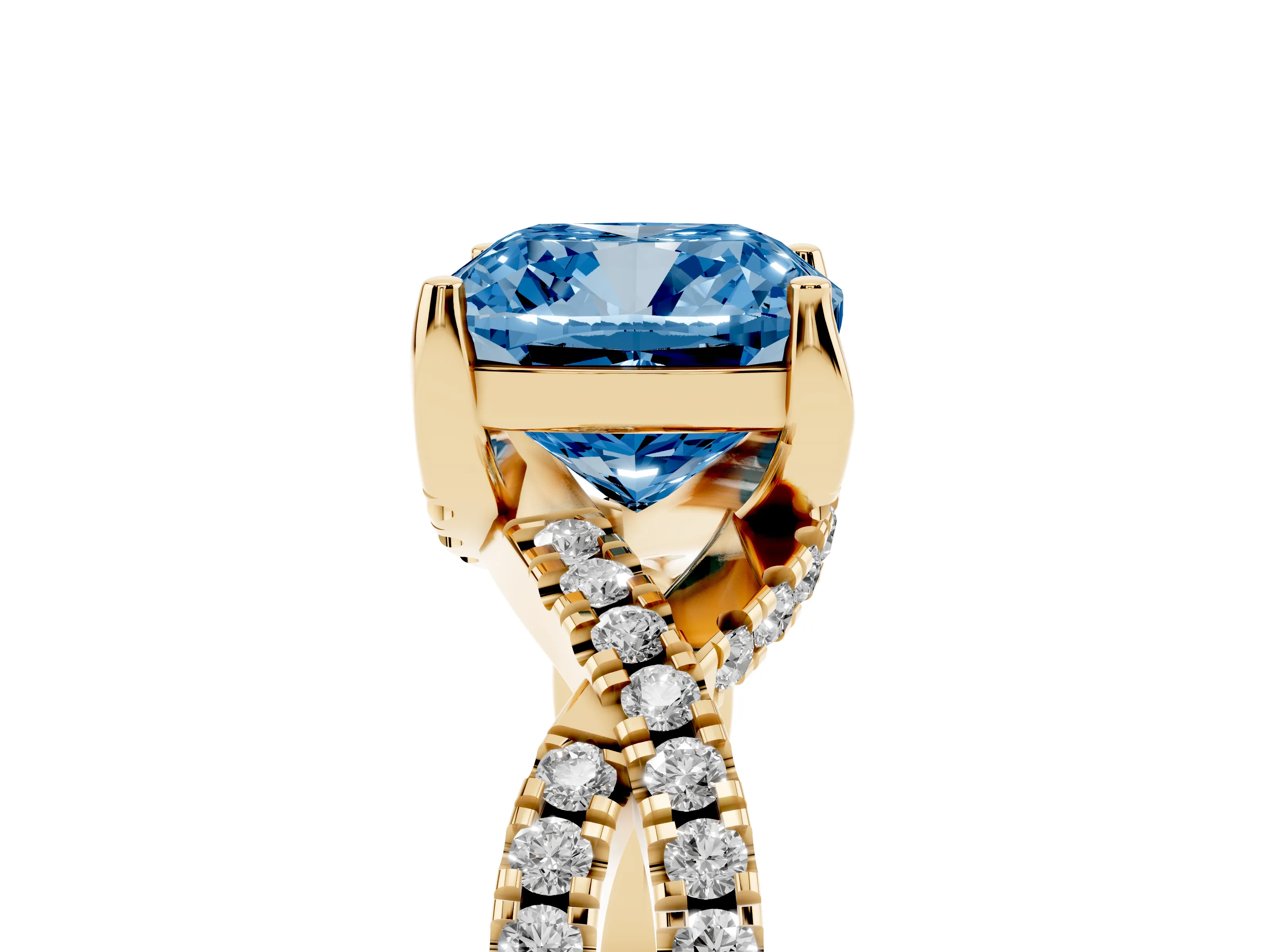 Fancy Blue Cushion Cut Diamond Twist Pavé Solitaire Engagement Ring Set in Yellow gold with Prong Setting