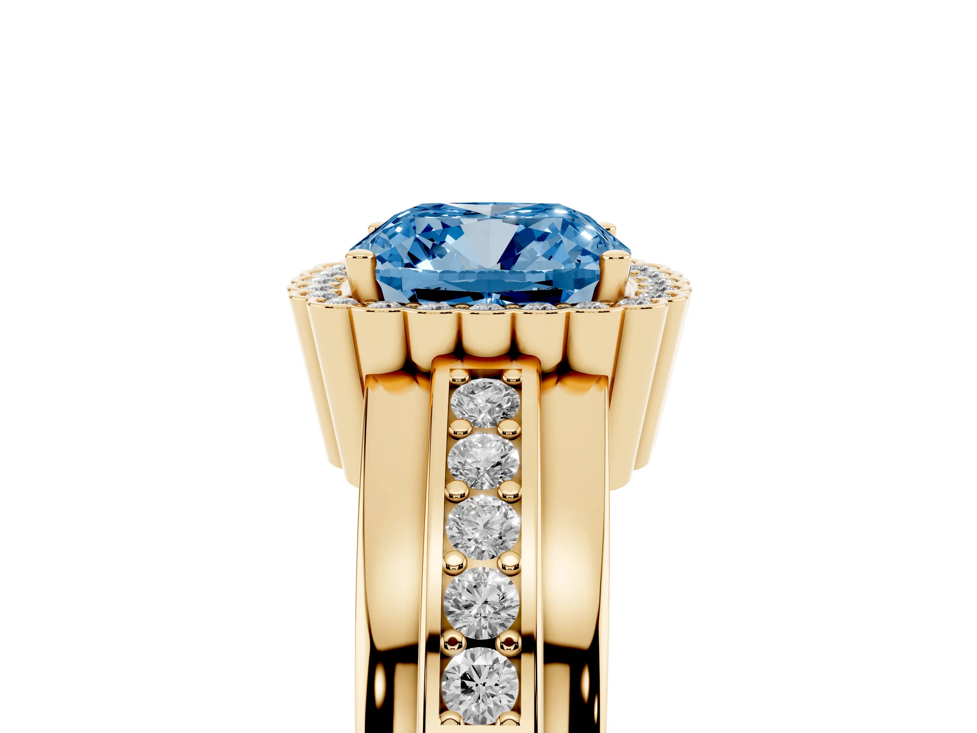 Fancy Blue Cushion Cut Diamond Halo Prong Ring Set in Yellow gold with Pavé Band