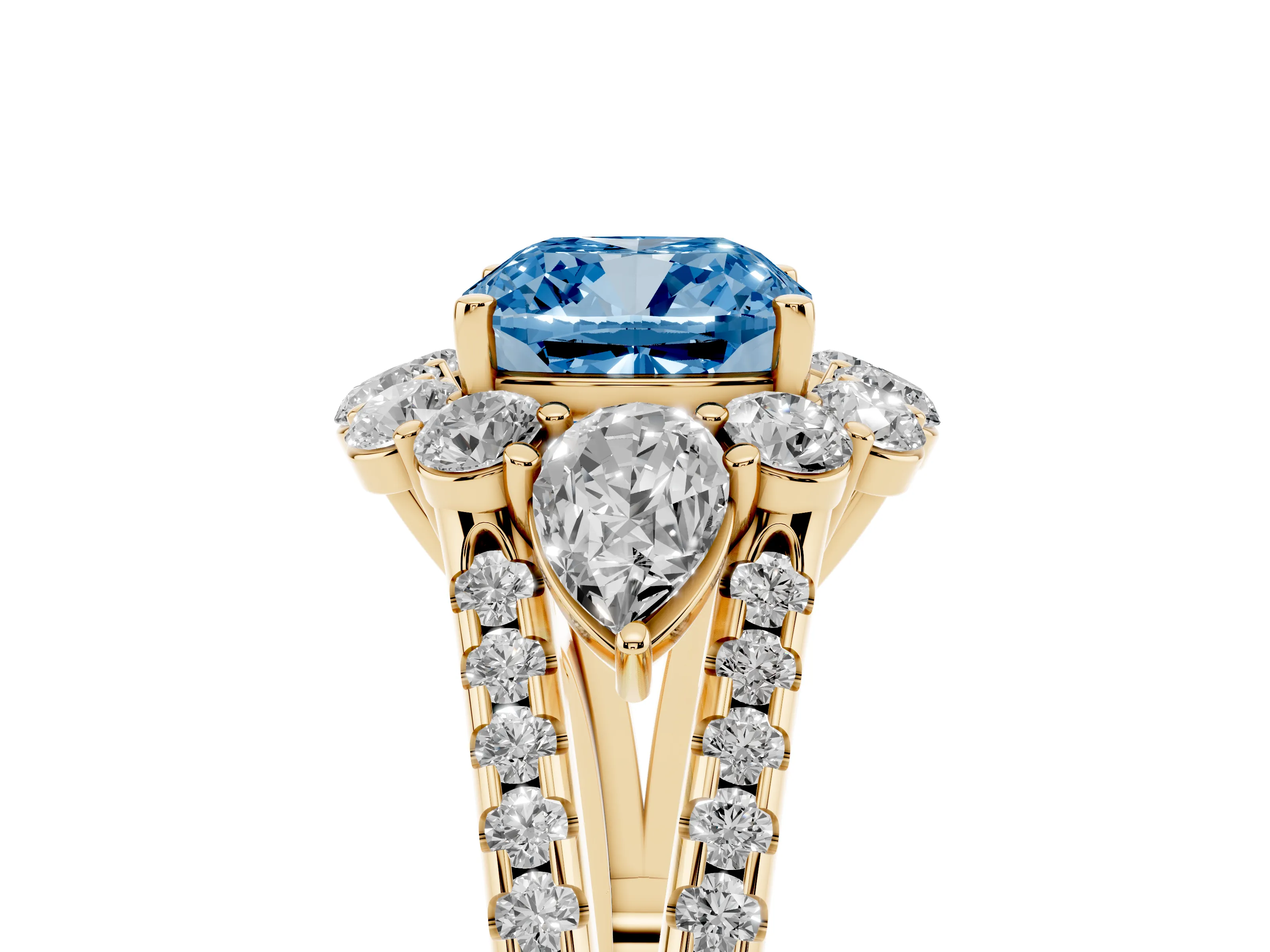 Cushion Cut Scalloped Halo Engagement Ring Setting for a Fancy Blue Lab-Grown Diamond | Pear Side Stones | Yellow Gold
