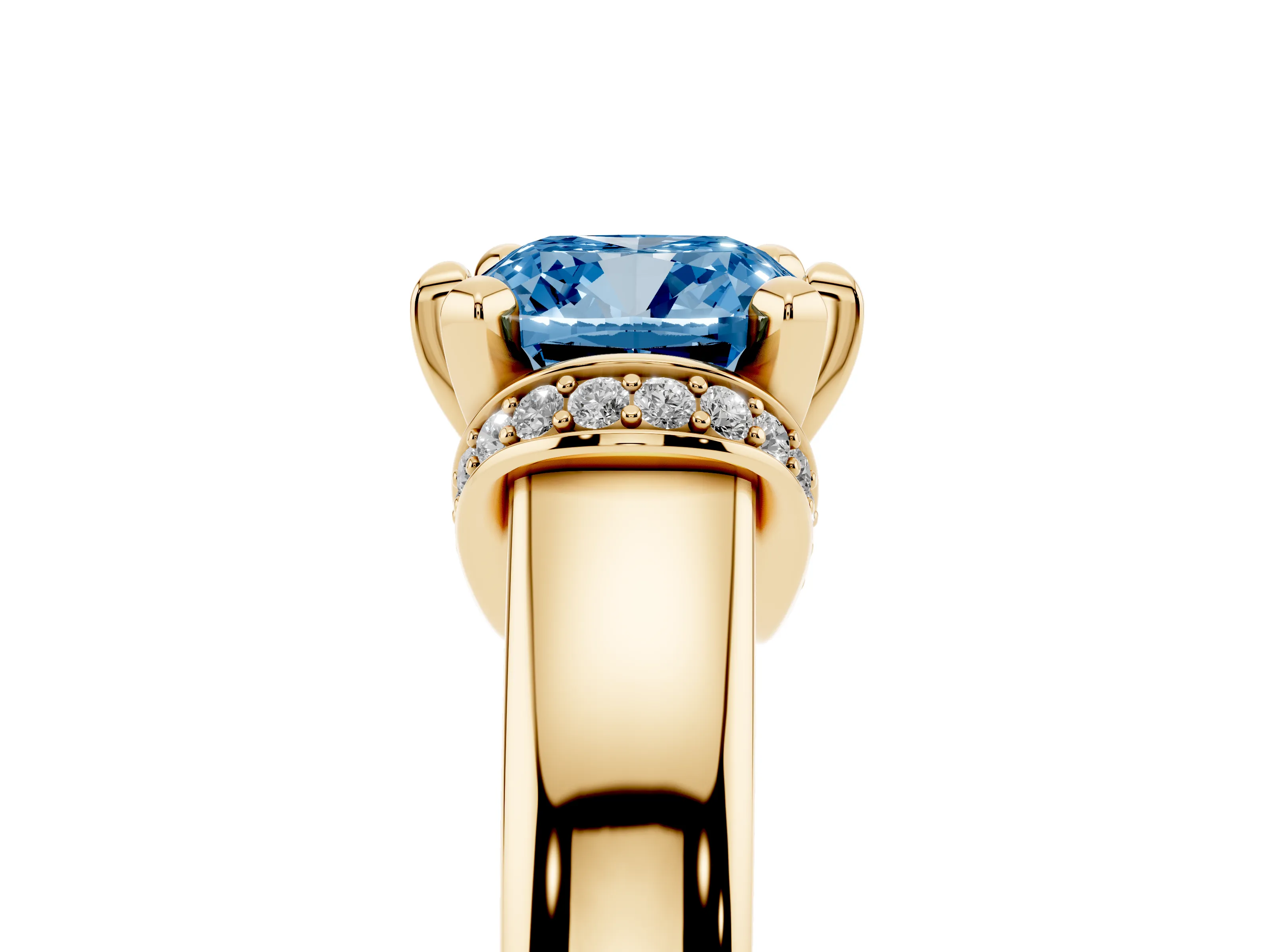 Fancy Blue Cushion Cut Diamond Pavé Band Solitaire Ring Set in Yellow gold with Prong Setting