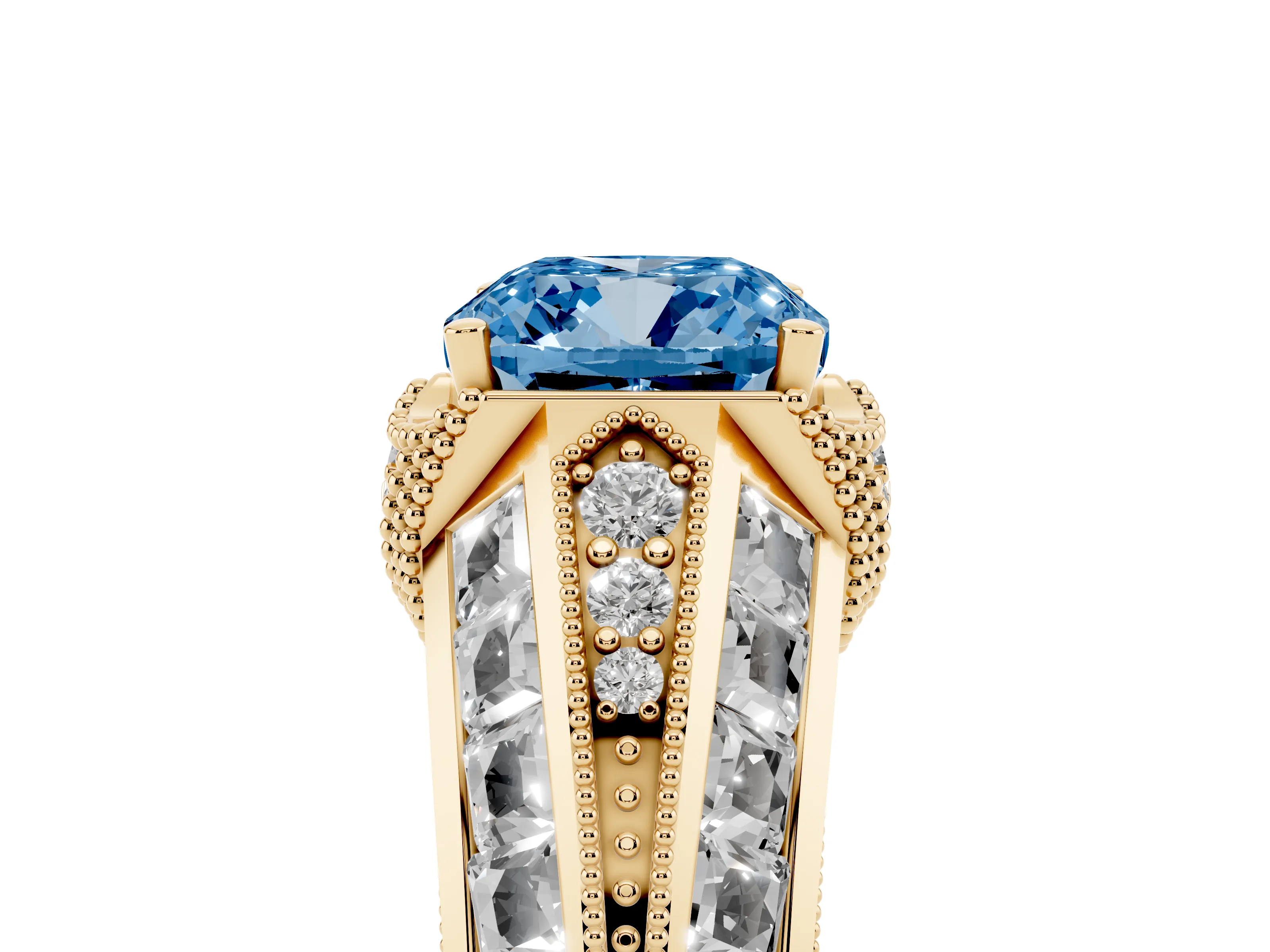 Fancy Blue Cushion Cut Diamond Vintage-Inspired Milgrain Ring Set in Yellow gold with Accent Split Shank