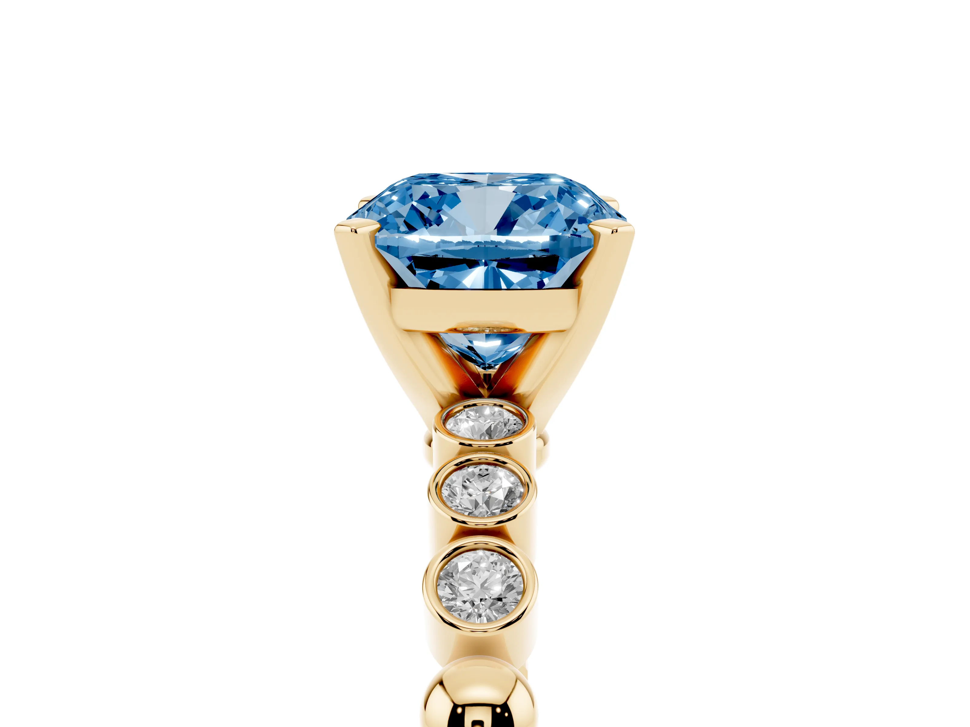 Fancy Blue Cushion Cut Diamond Solitaire Engagement Ring Set in Yellow gold with Bezel Accents on Beaded Band