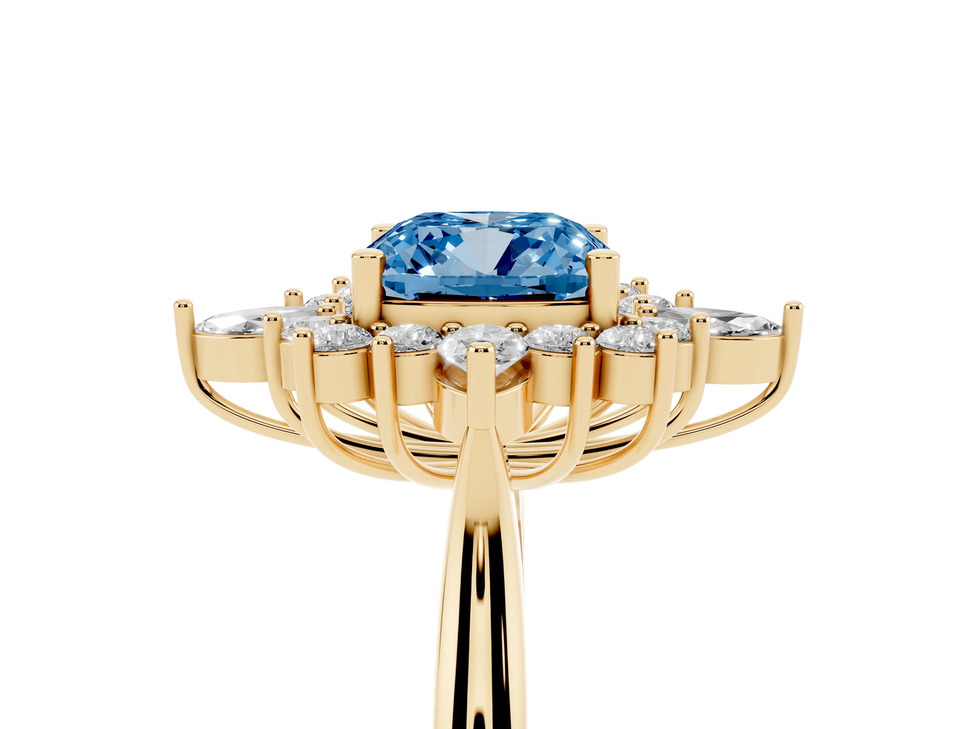 Fancy Blue Cushion Cut Diamond Cluster Halo Ring Set in Yellow gold with Marquise and Round Accents