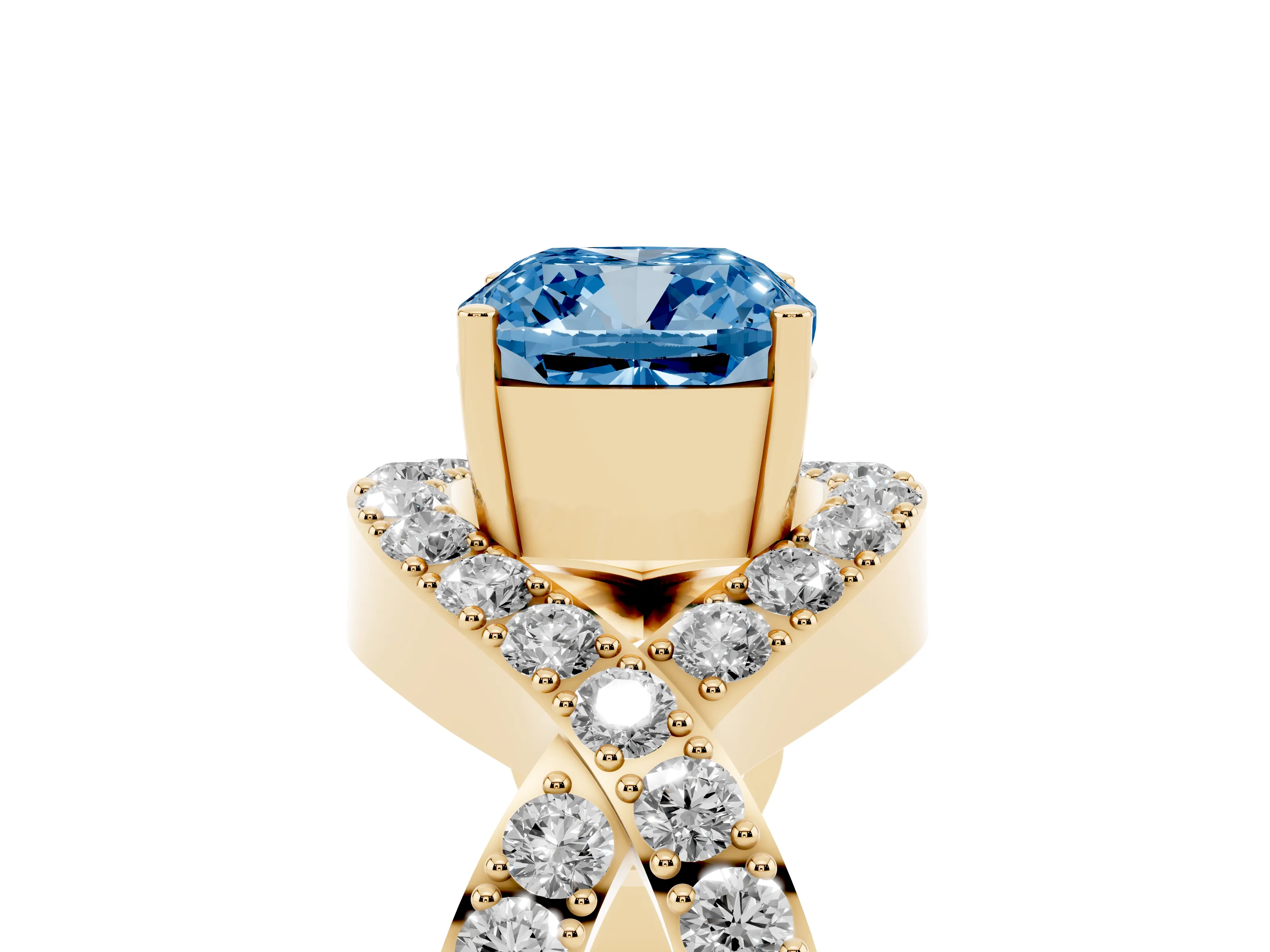 Fancy Blue Cushion Cut Diamond Solitaire Twist Band Pavé Engagement Ring Set in Yellow gold