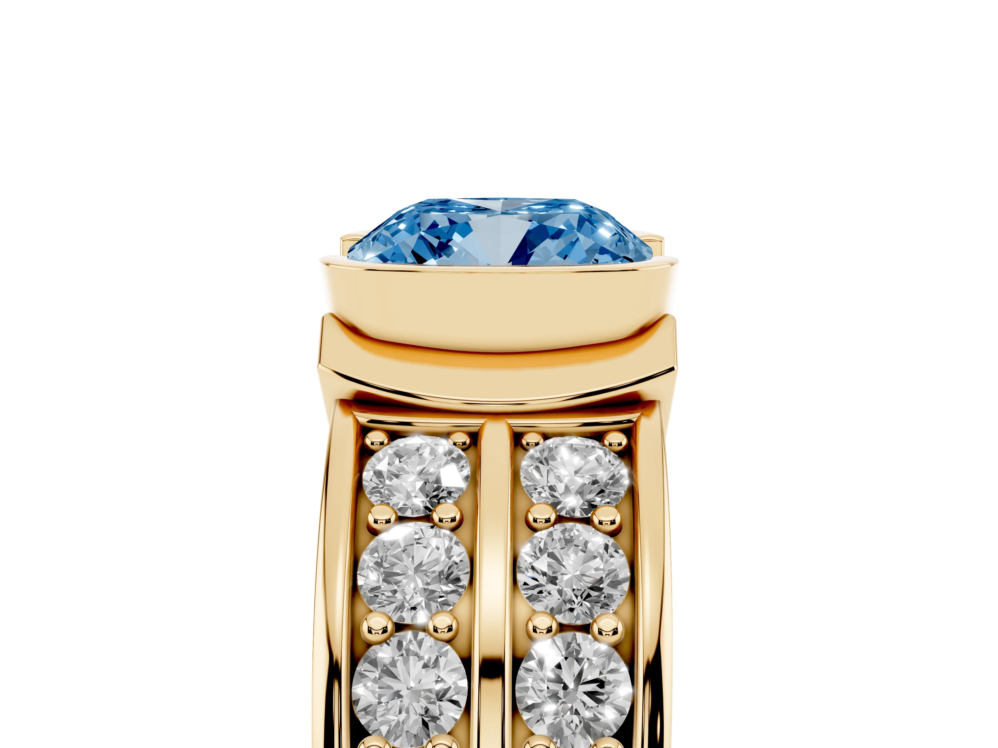 Fancy Blue Cushion Cut Diamond Wide Channel Set Band Ring Set in Yellow gold with Bezel Setting