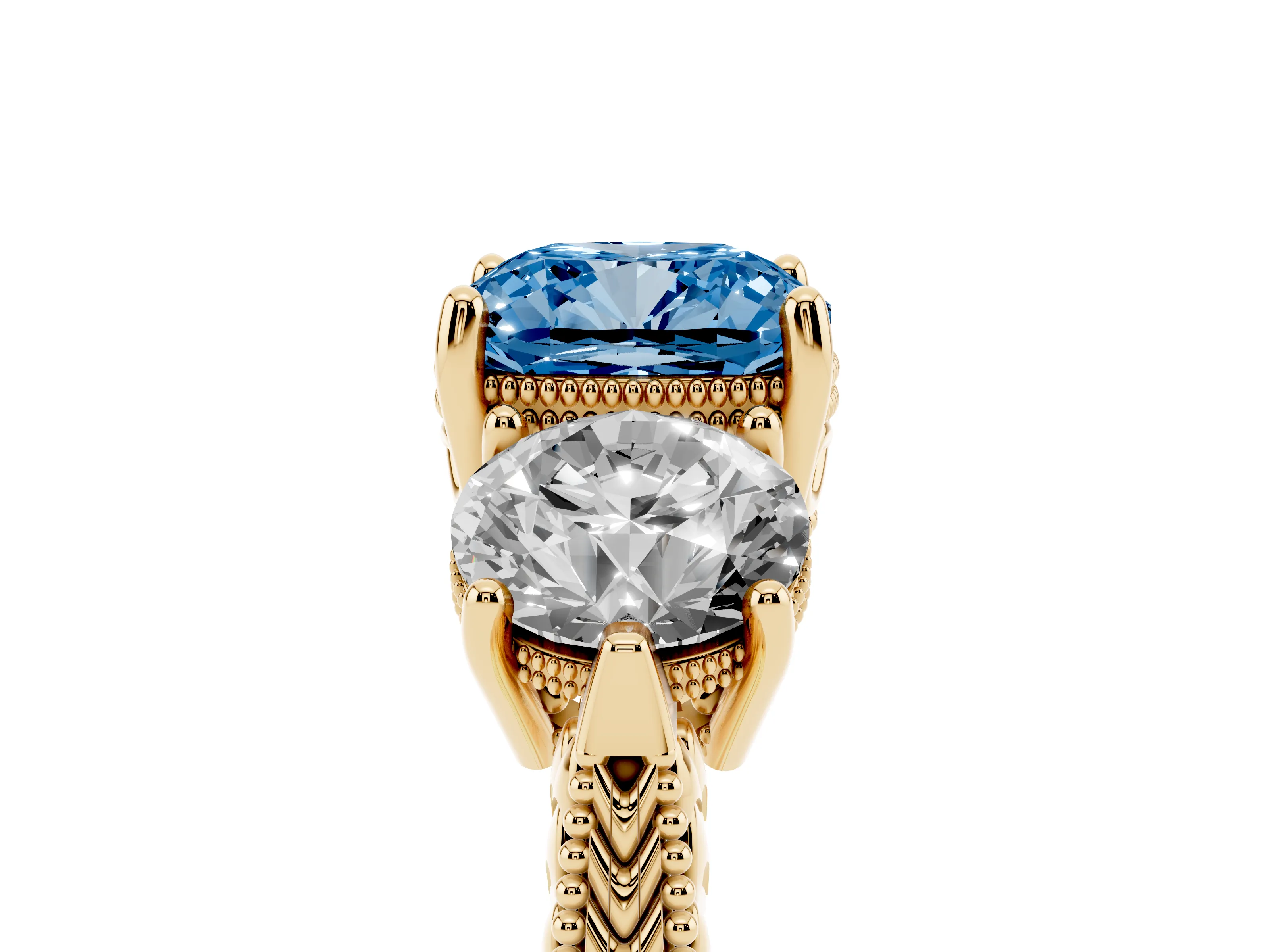 Fancy Blue Cushion Cut Diamond Three-Stone Ring Set in Yellow gold with Milgrain Band