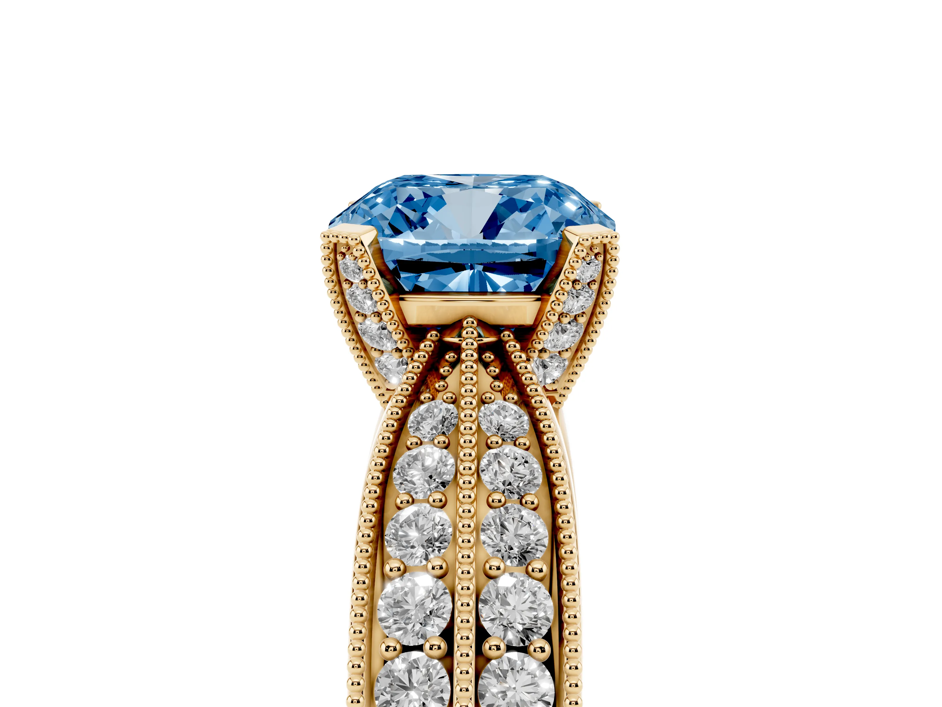 Fancy Blue Cushion Cut Diamond Solitaire Ring Set in Yellow gold with Milgrain Double Row Round Pavé Band