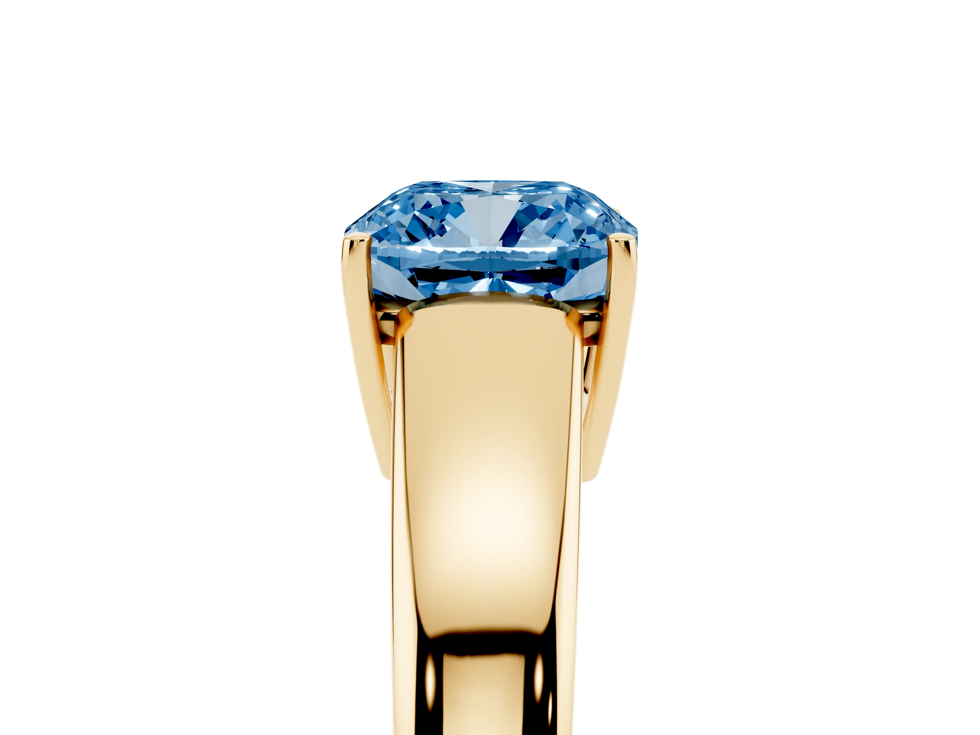 Fancy Blue Cushion Cut Diamond Solitaire Ring Set in Yellow gold with Tapered Band and Prong Setting