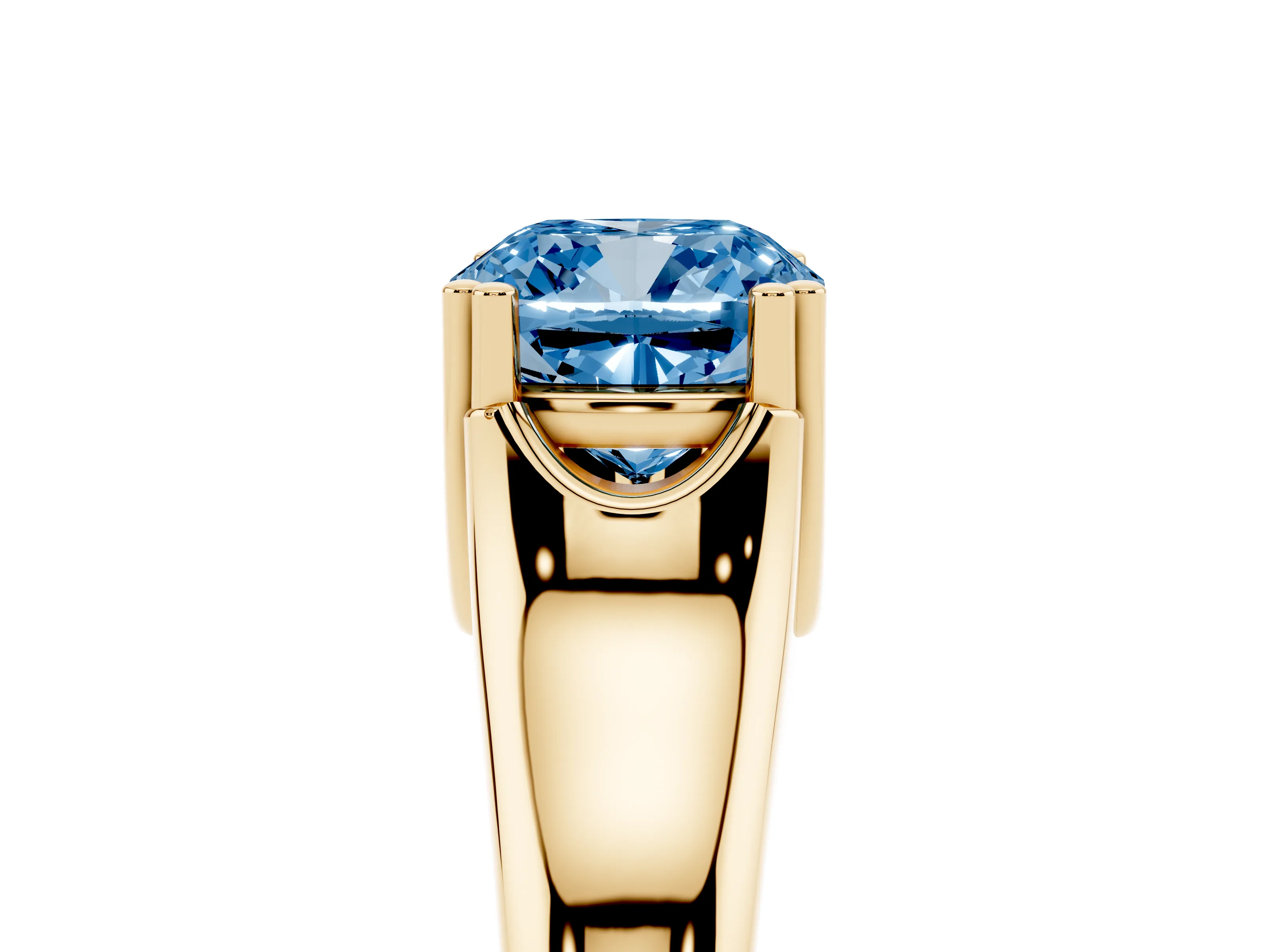 Fancy Blue Cushion Cut Diamond Solitaire Ring Set in Yellow gold with Wide Band and Prong Setting