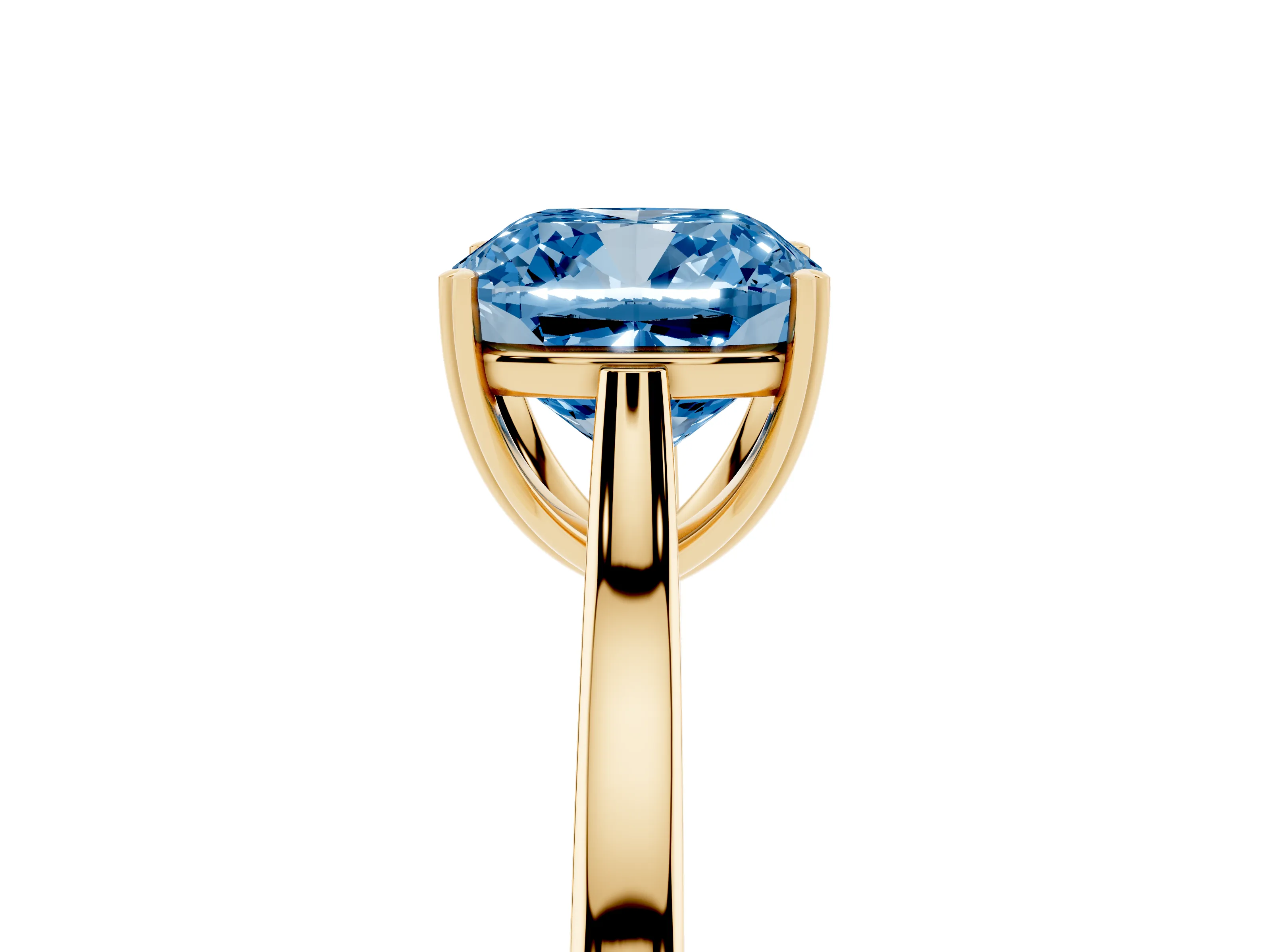 Fancy Blue Cushion Cut Diamond Solitaire Heart Prong Engagement Ring Set in Yellow gold with Tapered Band